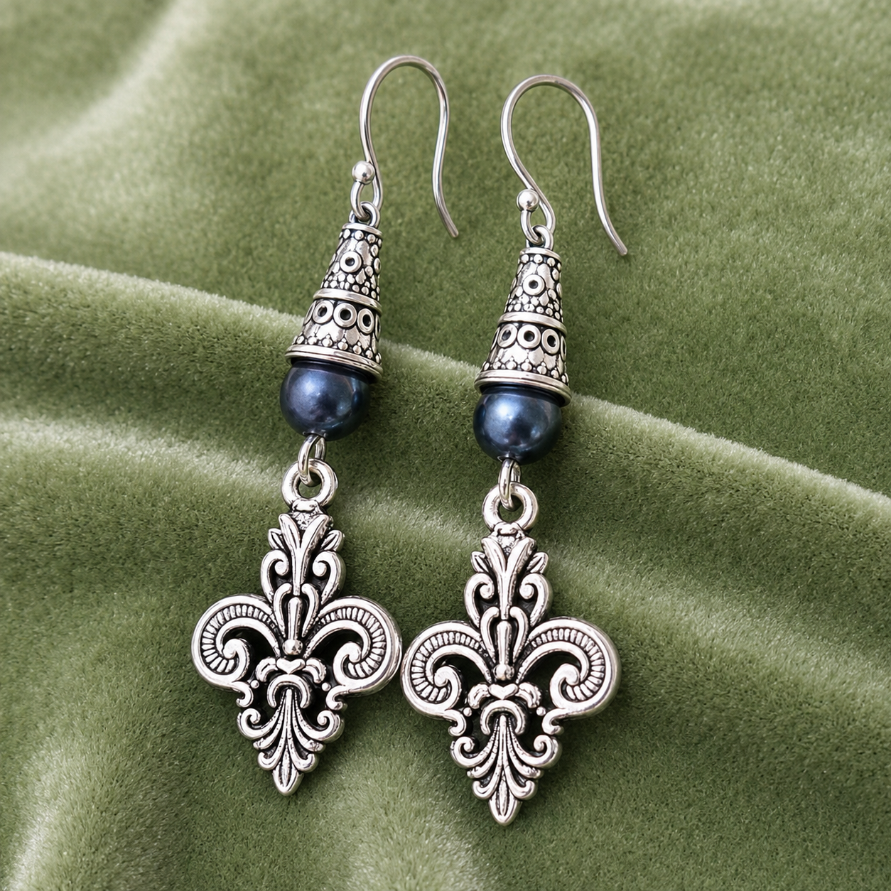 Fleur De Lis Handmade Earrings with a Blue Accent