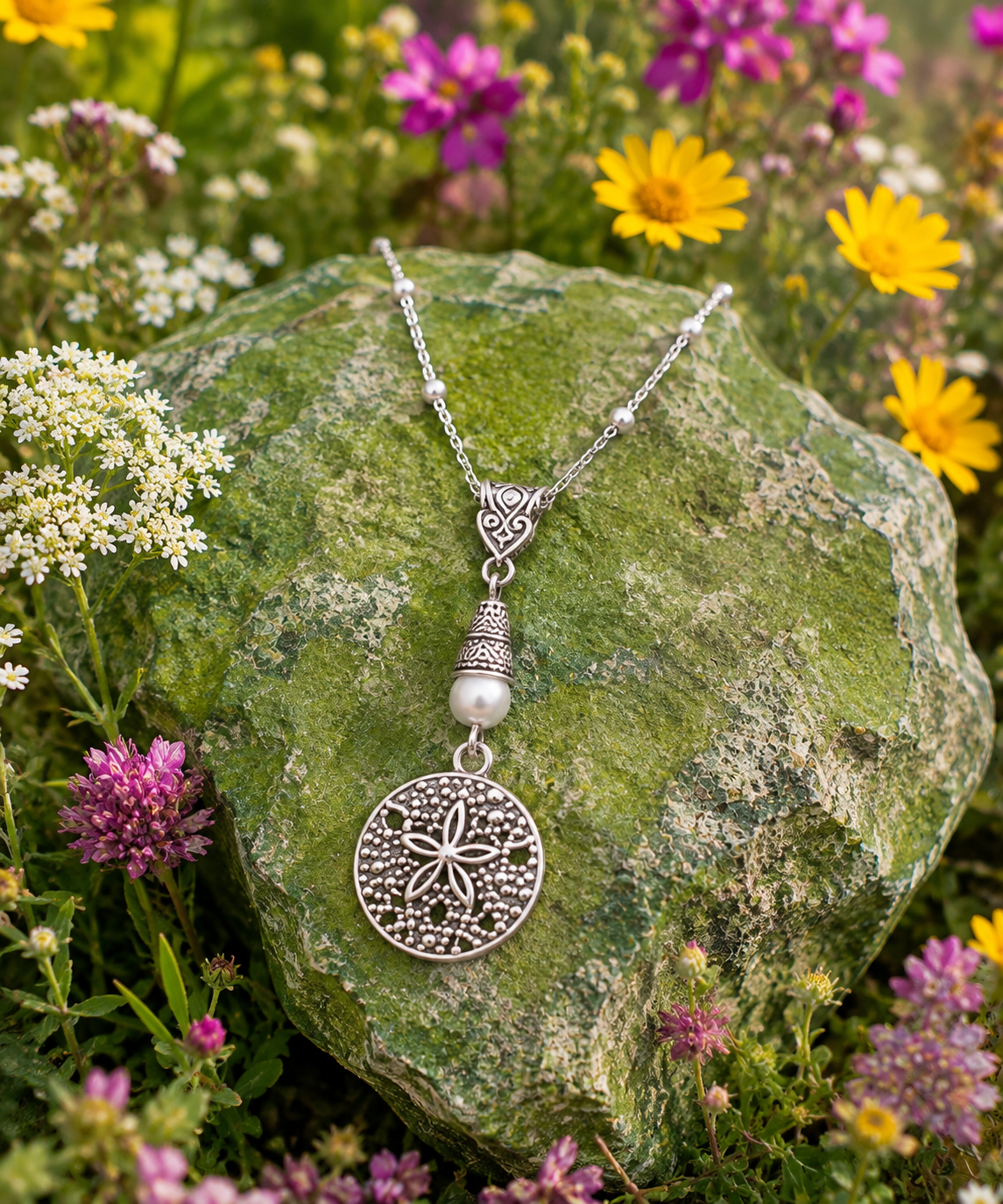 Sand Dollar Neckalce White Rock Flowers ChatGPT.png