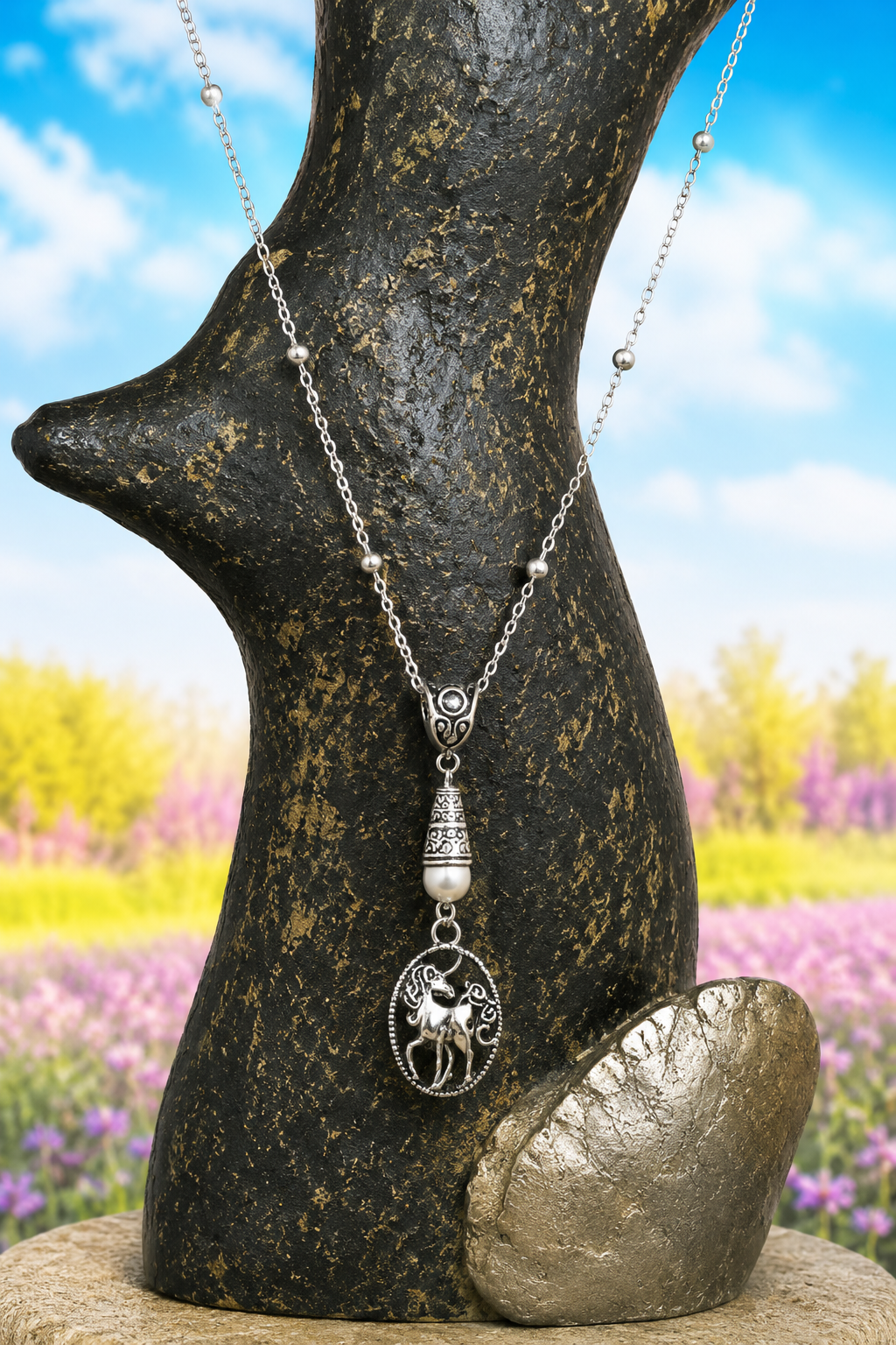 Unicorn Handmade Semiprecious Necklace on a Sterling Silver Chain