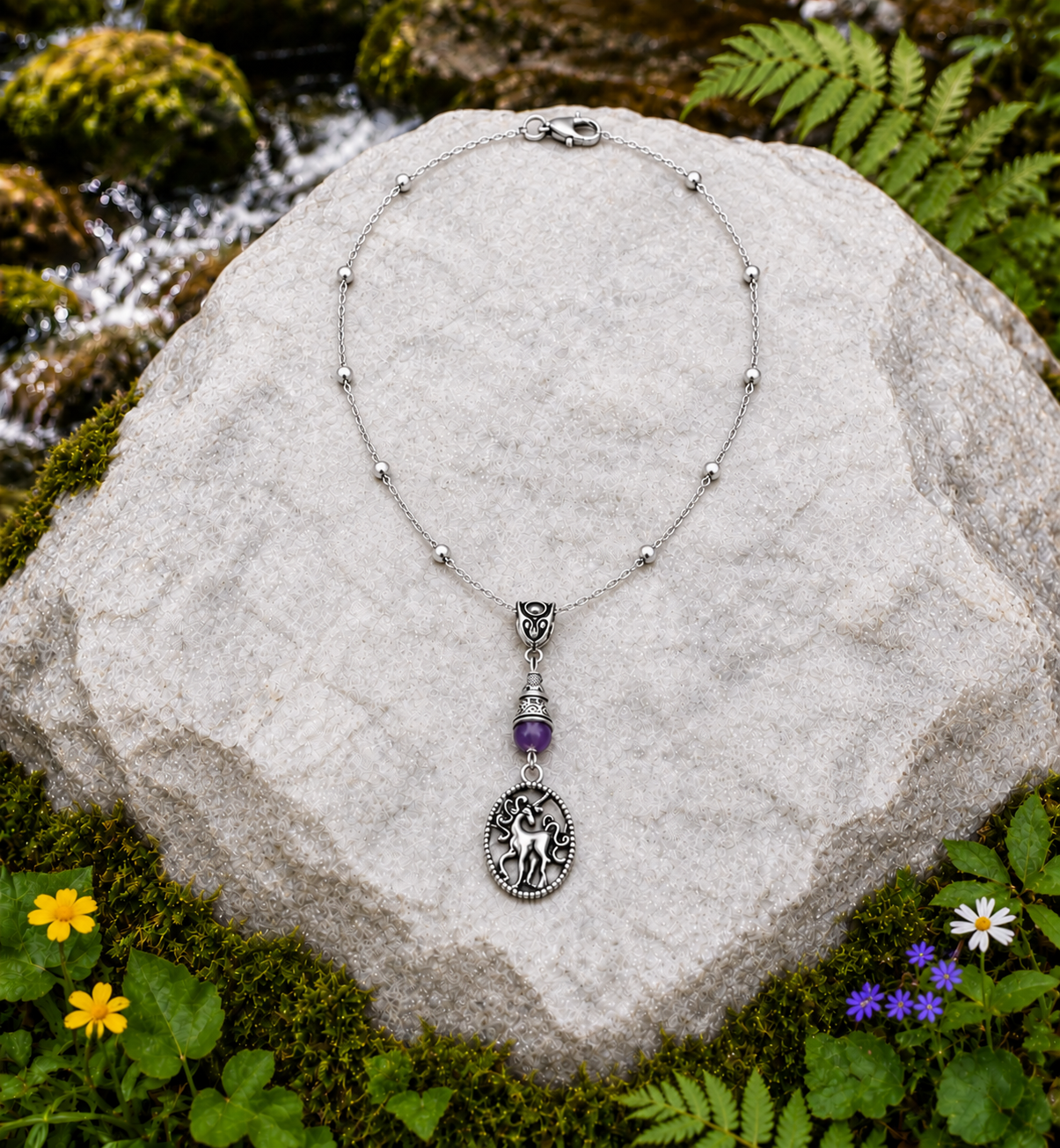 Unicorn Semiprecious Handmade Necklace on a Sterling Silver Chain