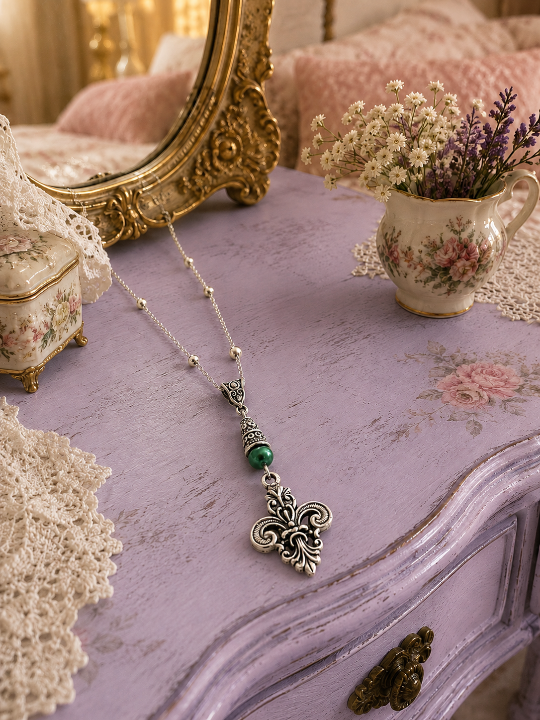 Fleur De Lis Necklace Green Accent Purple Dresser ChatGPT.png