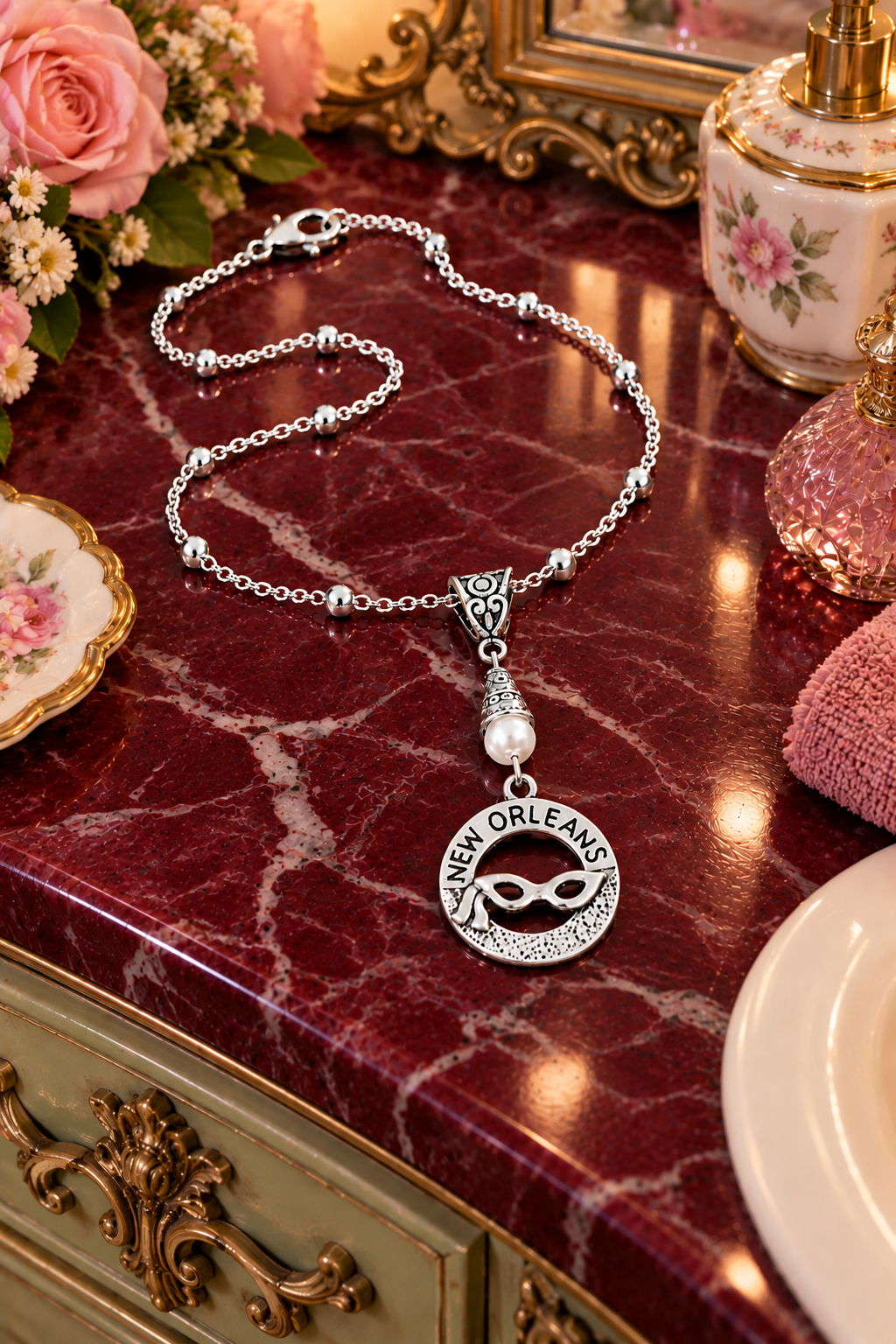 New Orleans Handmade Necklace on a Sterling Silver Chain with a White Accent