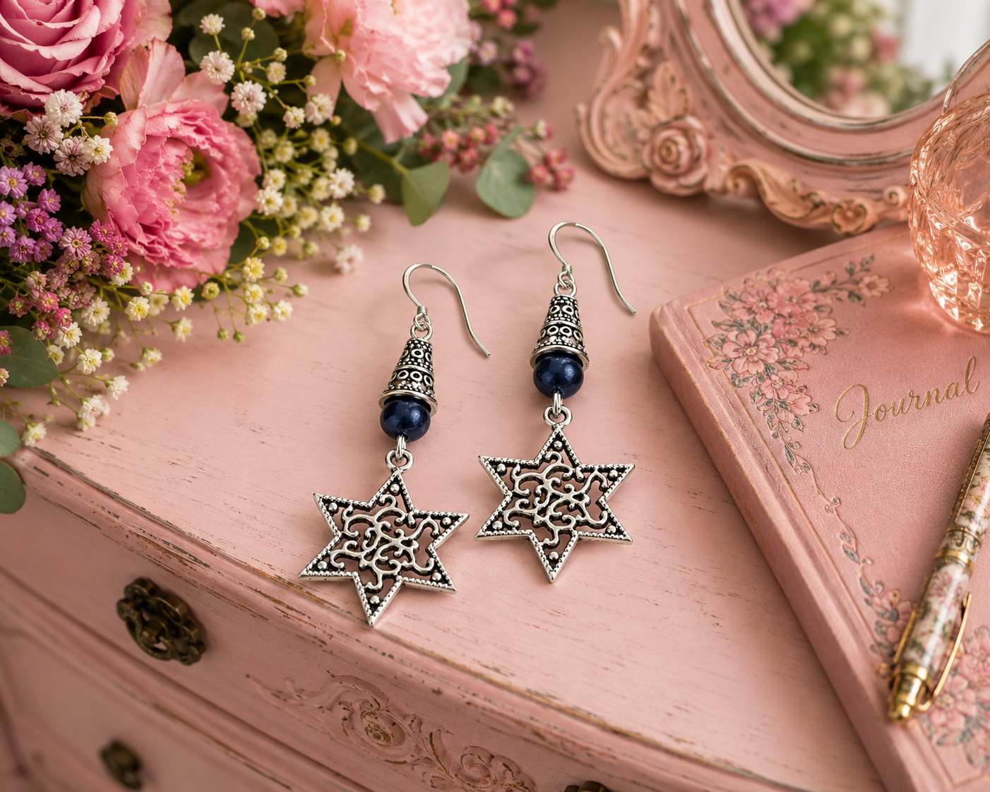 Jewish Star of David Handmade Earrings with a Blue Accent