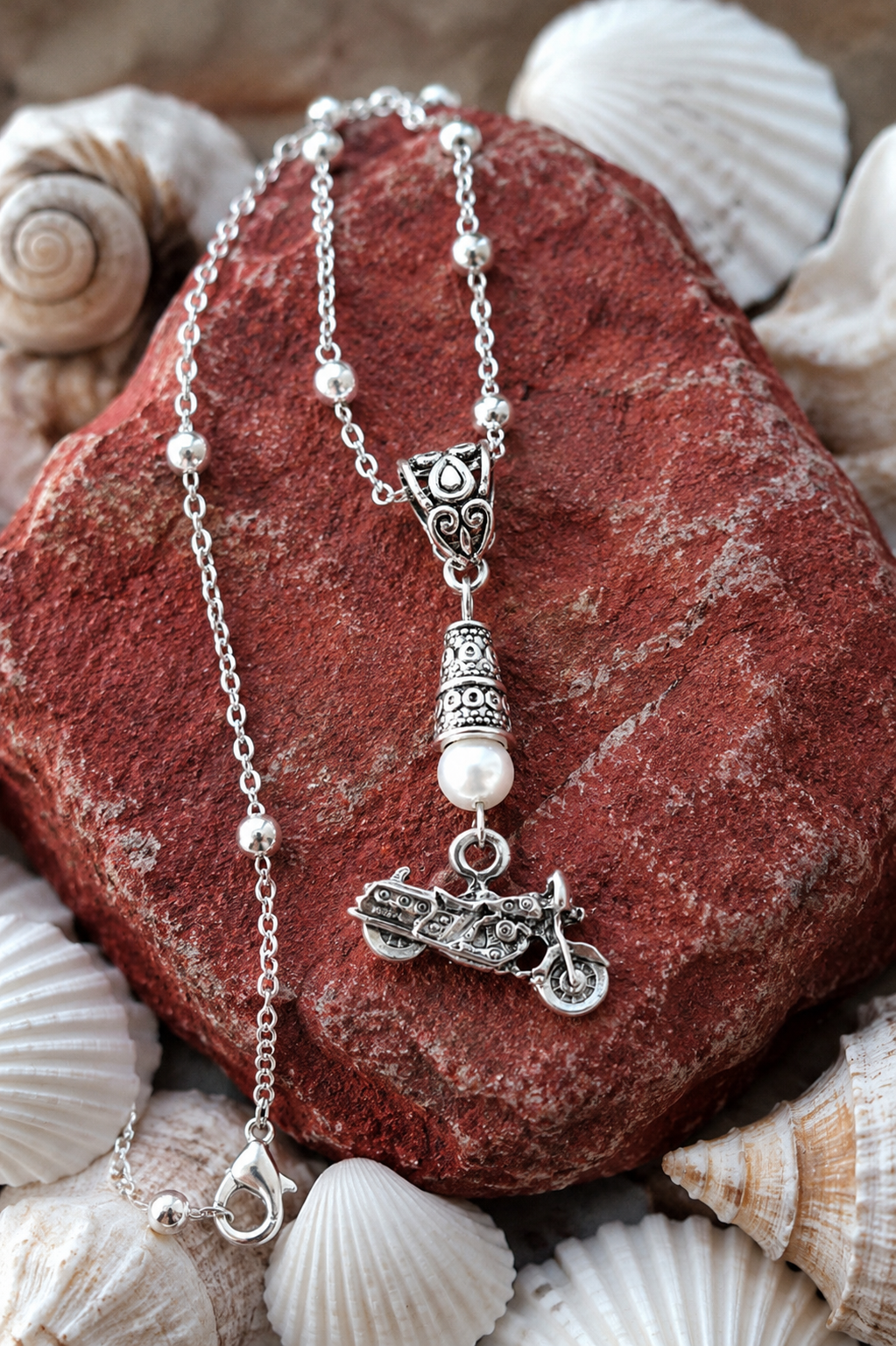 Motorcycle Handmade Necklace on a Sterling Silver Chain with a White Accent