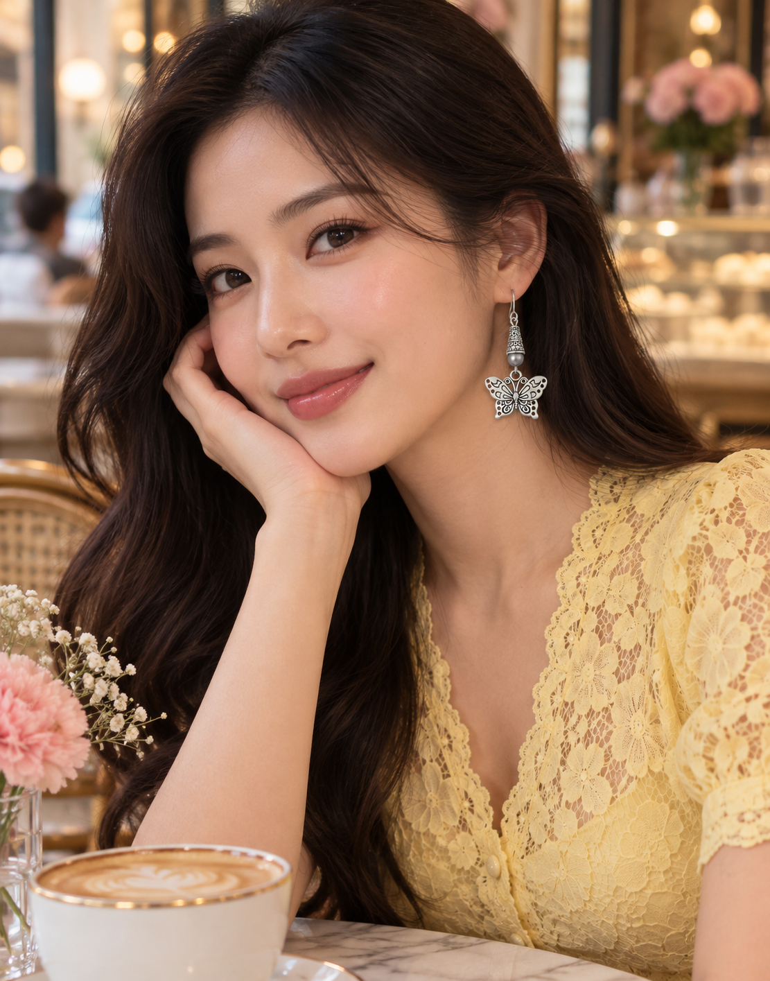 Butterfly Earrings Gray Accent Woman Cafe 1 ChatGPT.png