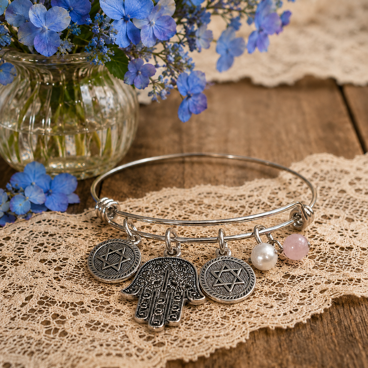 Hamsa StarOf David Pearl Rose Quartz Bracelet Tan Lace.png