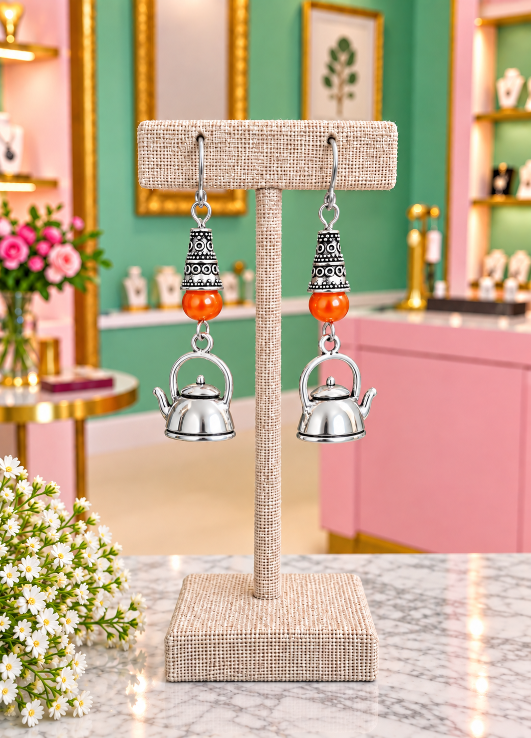 Teapot Handmade Earrings with an Orange Accent