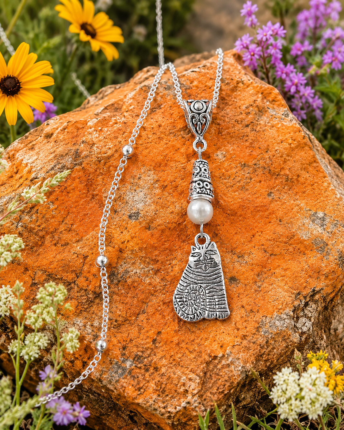 Cat Handmade Necklace on a Sterling Silver Chain