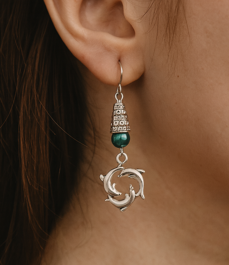 Dolphin Handmade Earrings with a Green Accent