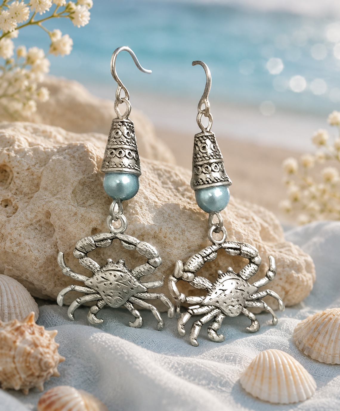 Crab Handmade Earrings with a Light Blue Accent