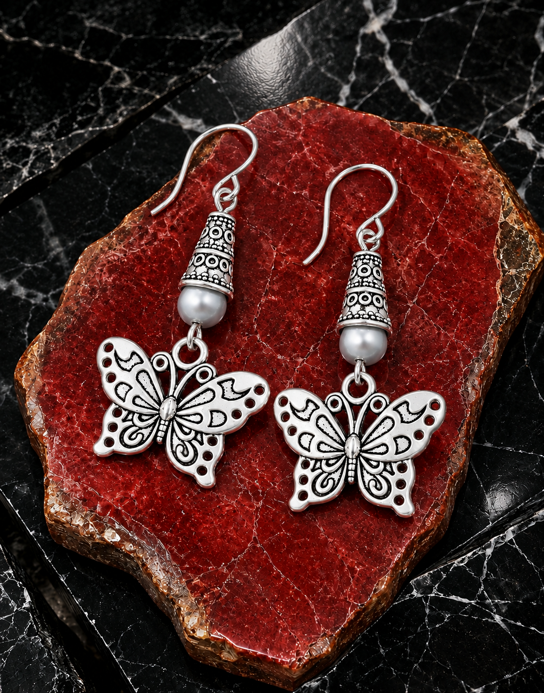 Butterfly Handmade Earrings with a Gray Accent