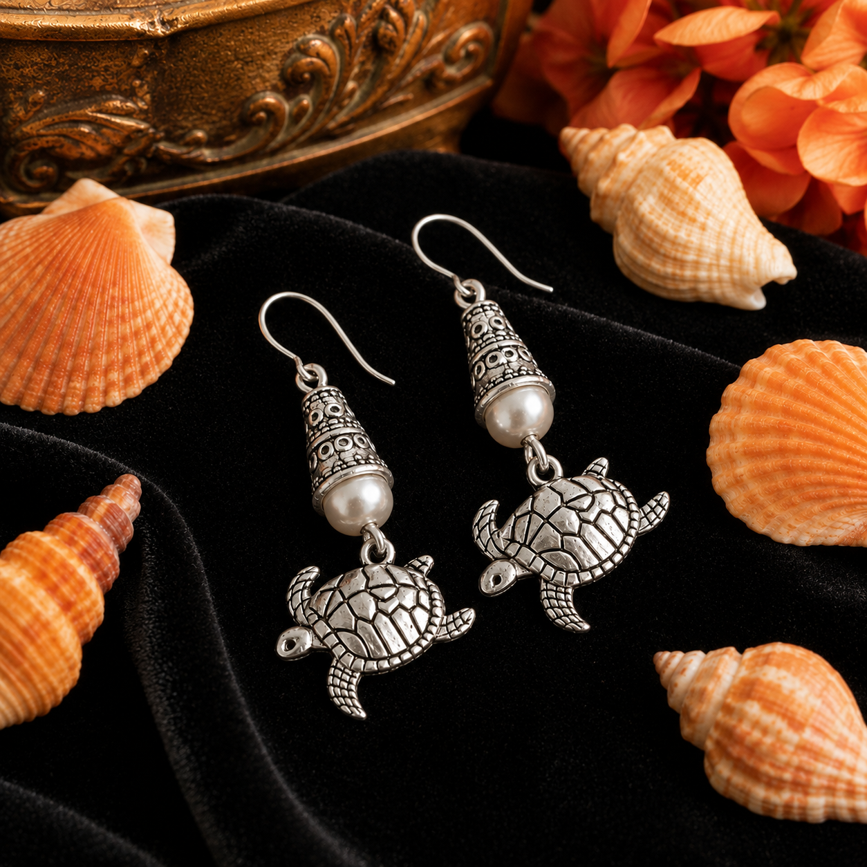 Turtle Handmade Earrings with a White Accent
