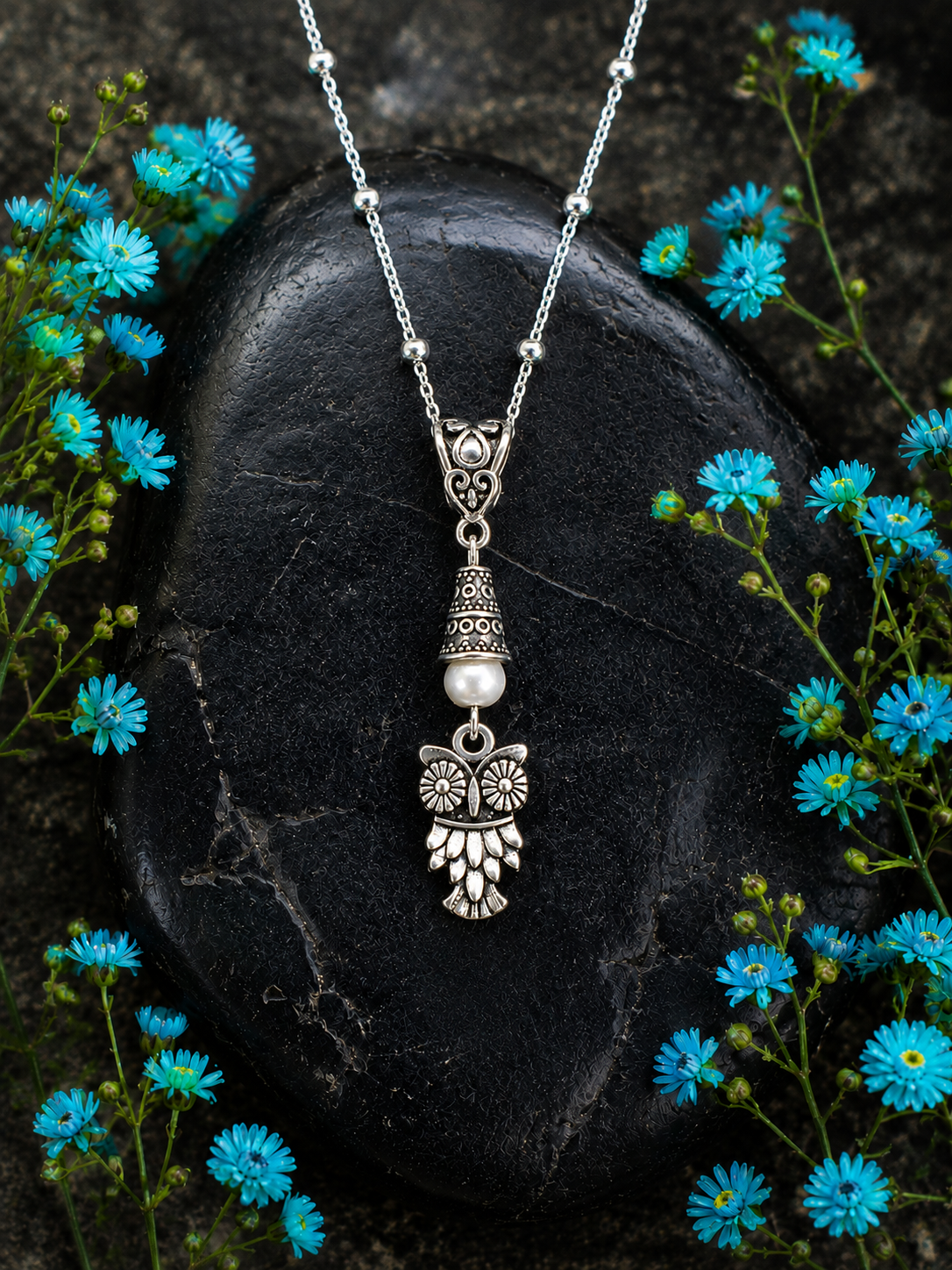 Owl Handmade Necklace on a Sterling Silver Chain with a White Accent