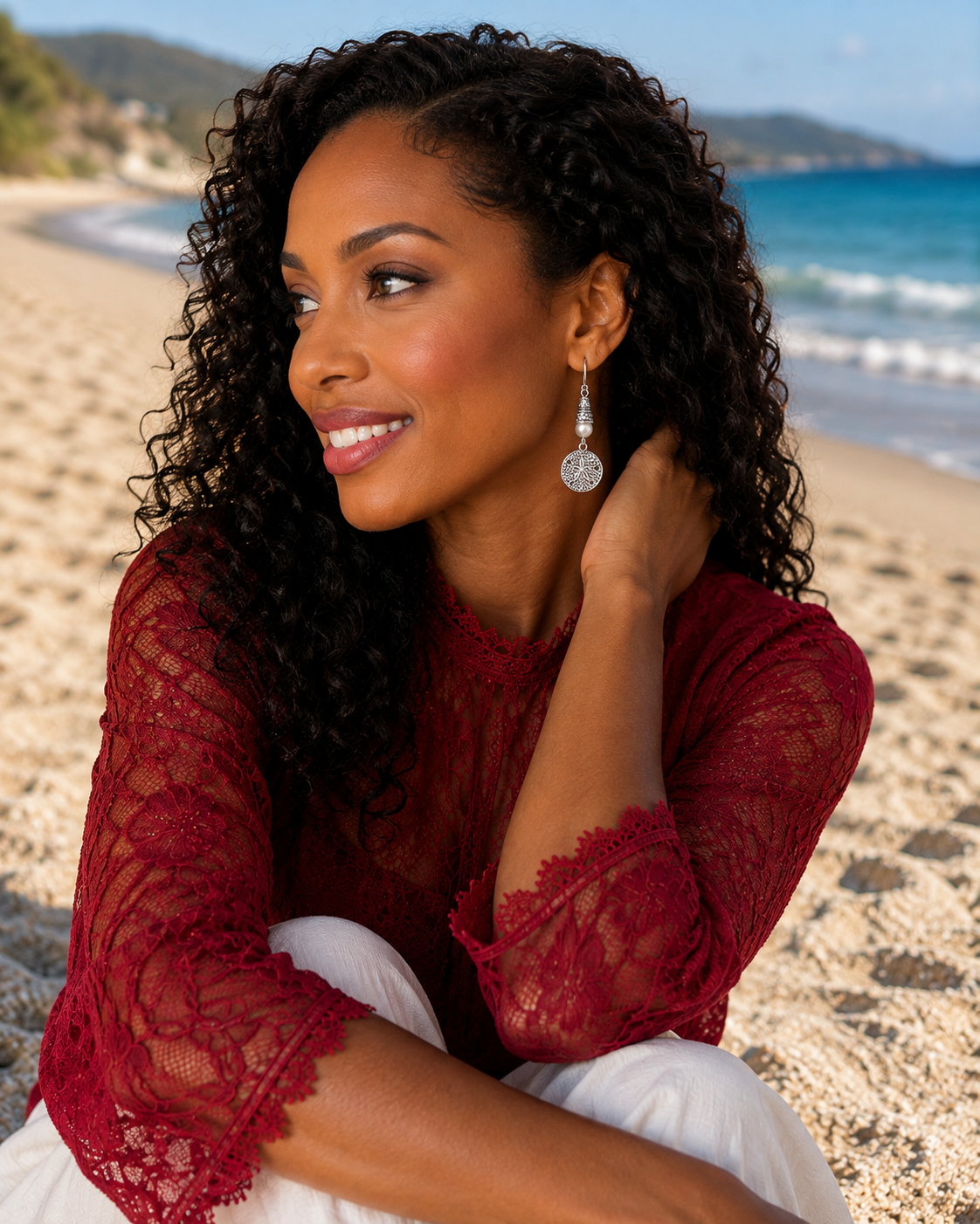 Sand Dollar Earrings White Model Beach ChatGPT.png