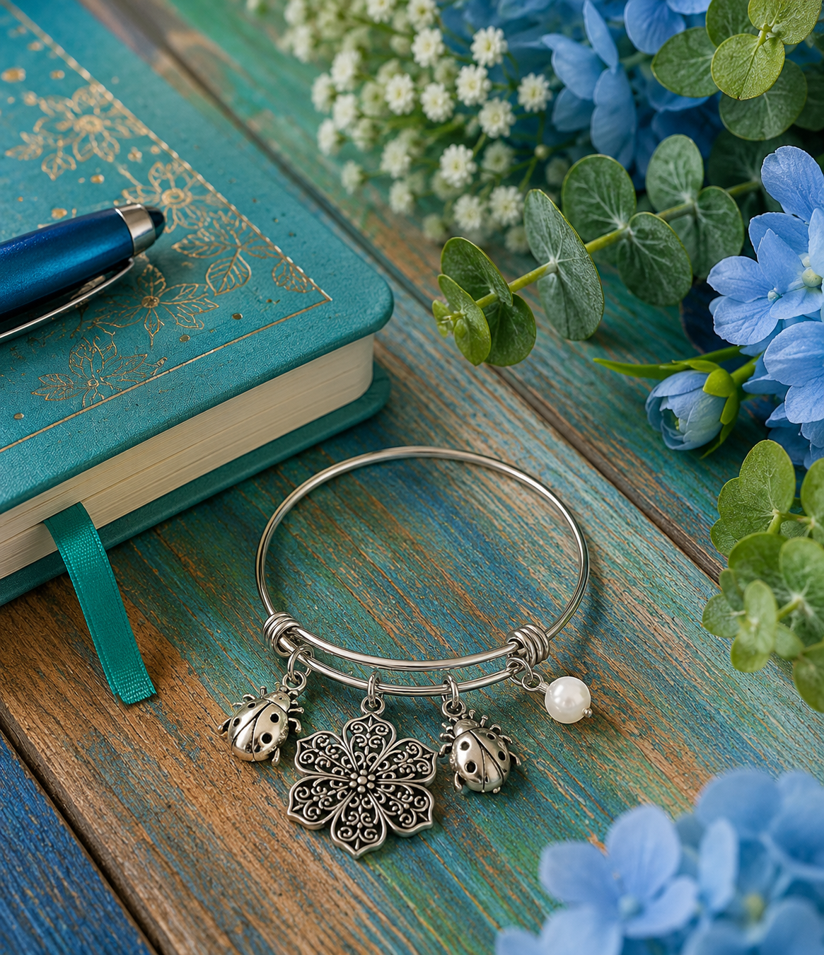 Ladybug Flower Pearl Bracelet Journal ChatGPT.png