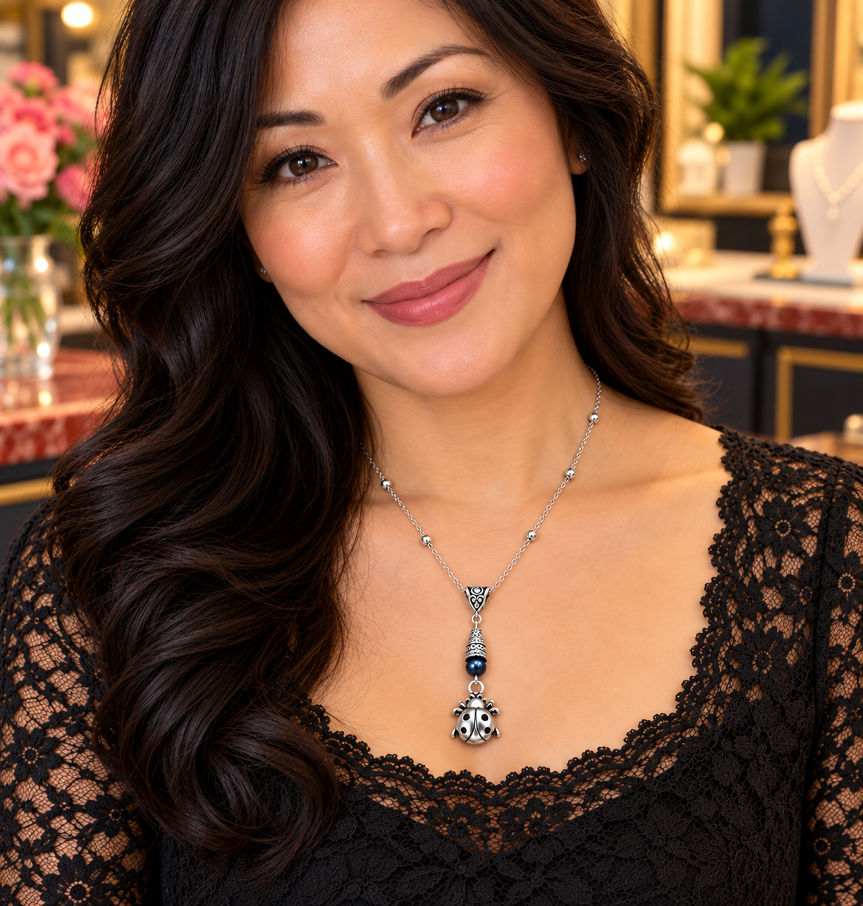 Ladybug Necklace Woman Lace Top ChatGPT.png