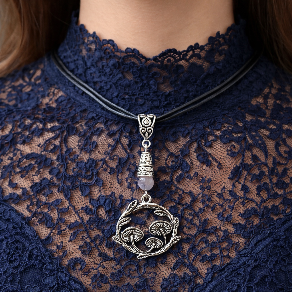 Mushroom Rose Quartz Ribbon Necklace Model ChatGPT.png