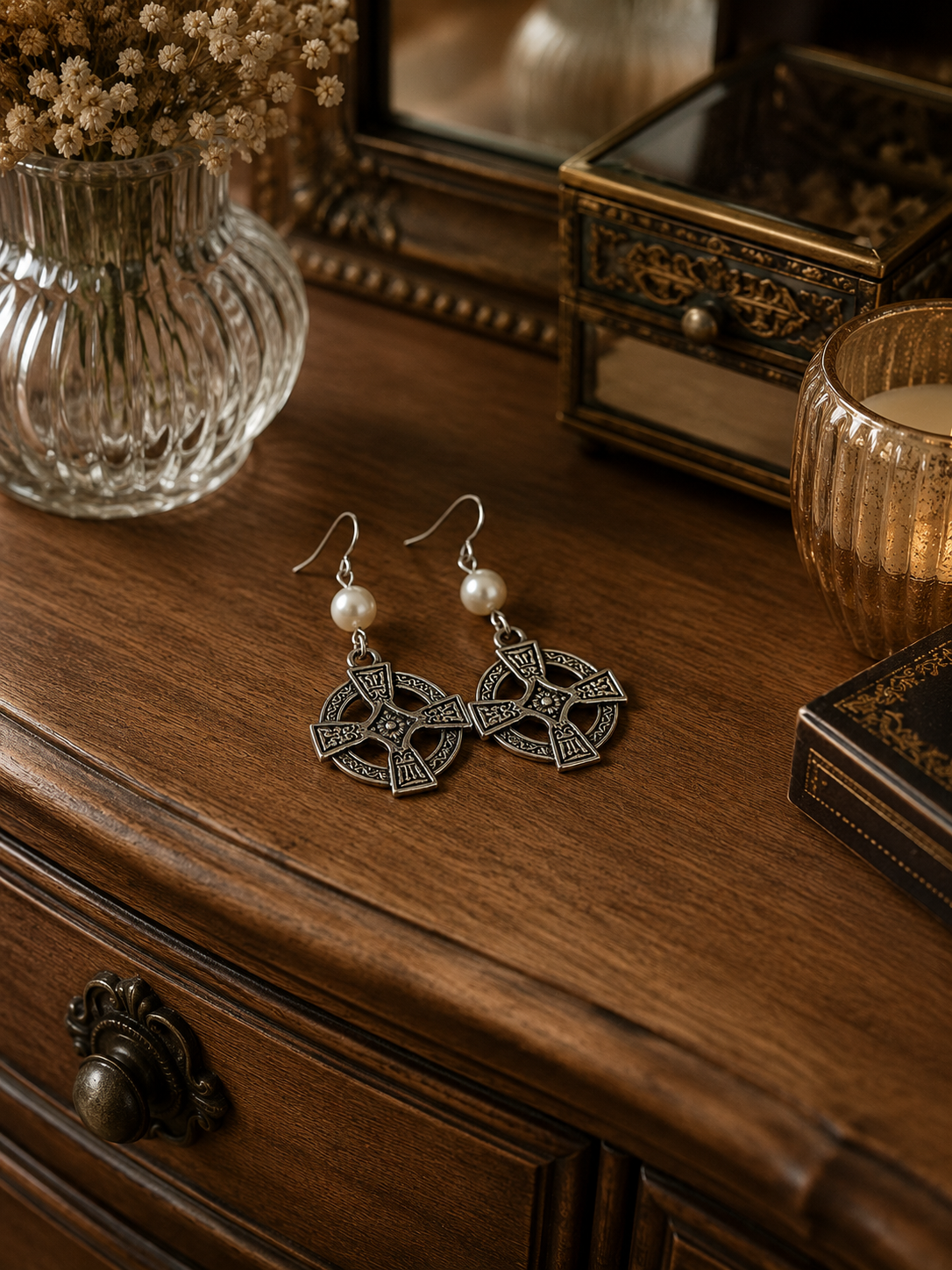 Celtic Cross Pearl Earrings Dresser ChatGPT.png