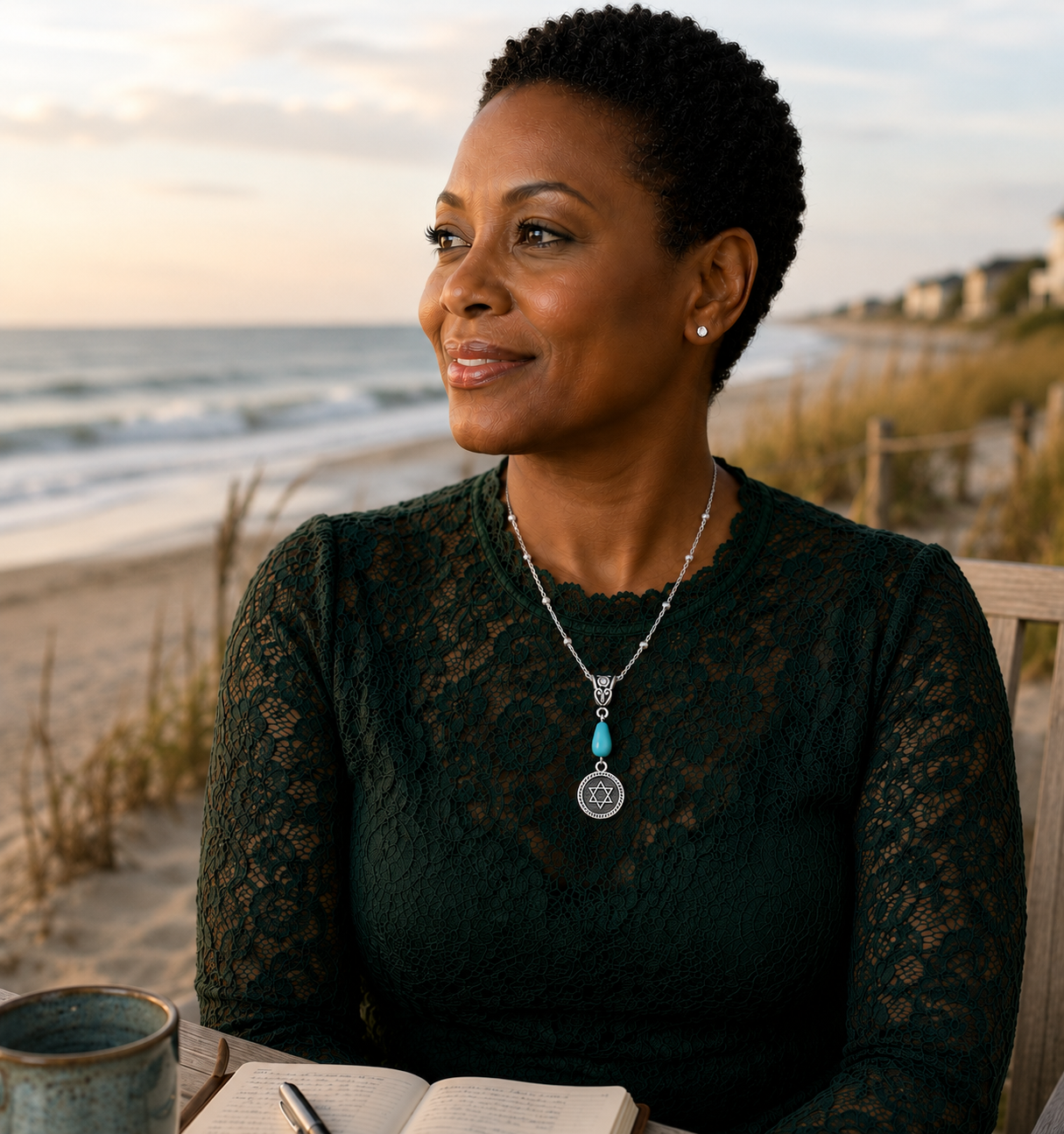 Star Of David Turquoise Necklace Model Beach ChatGPT.png