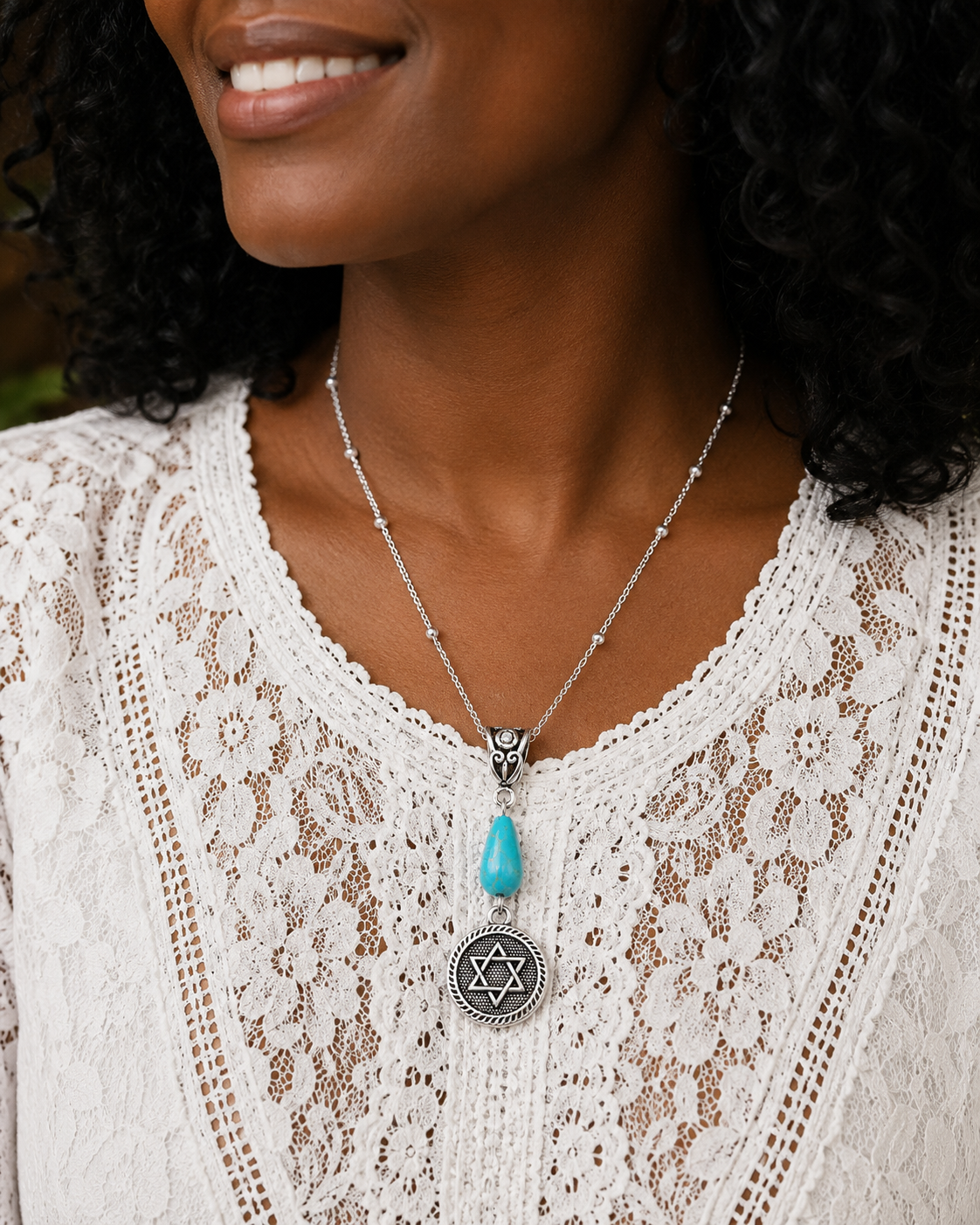 Star Of David Turquoise Necklace Model Close ChatGPT.png