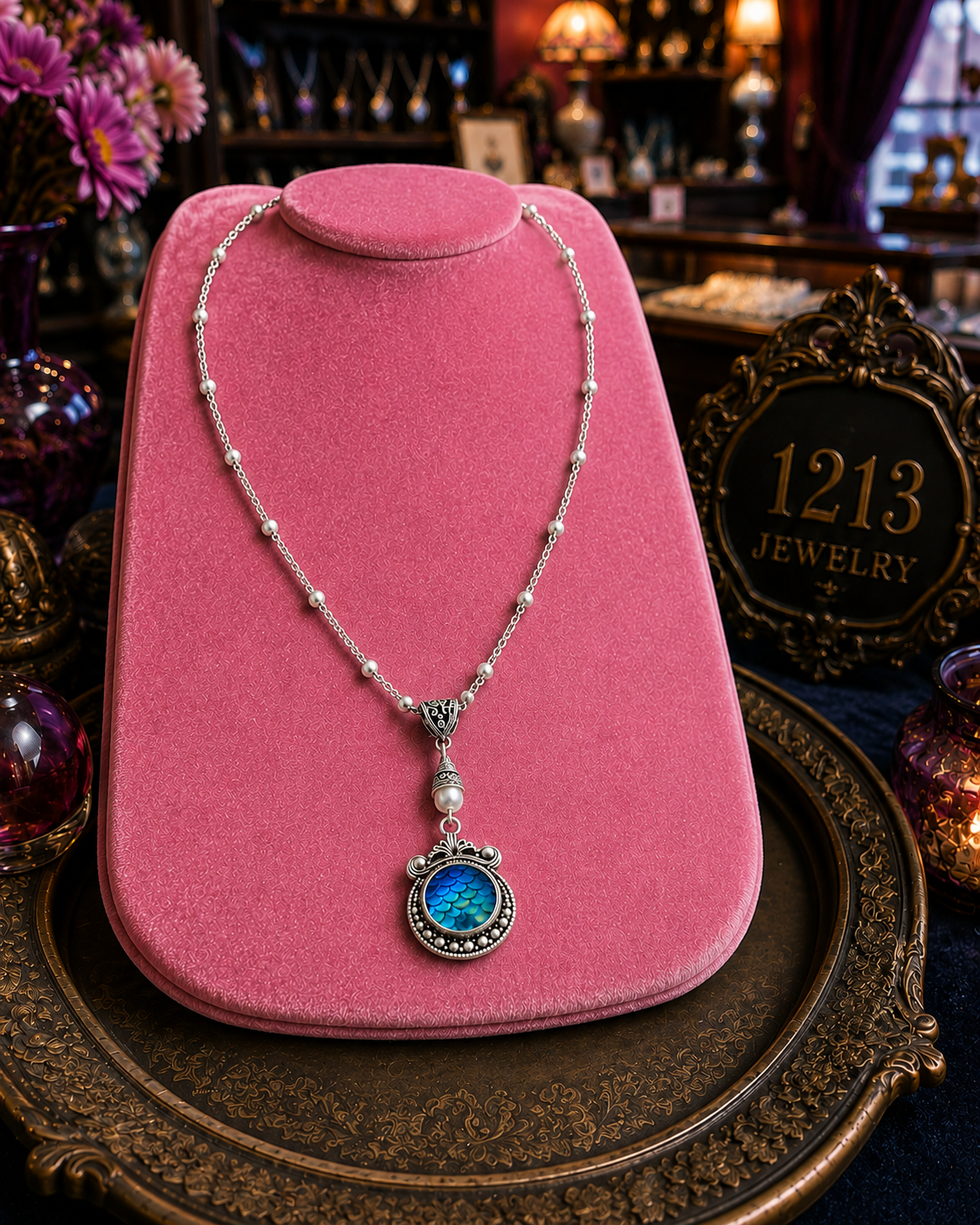 Mermaid Fin Semiprecious Handmade Necklace on a Sterling Silver Chain