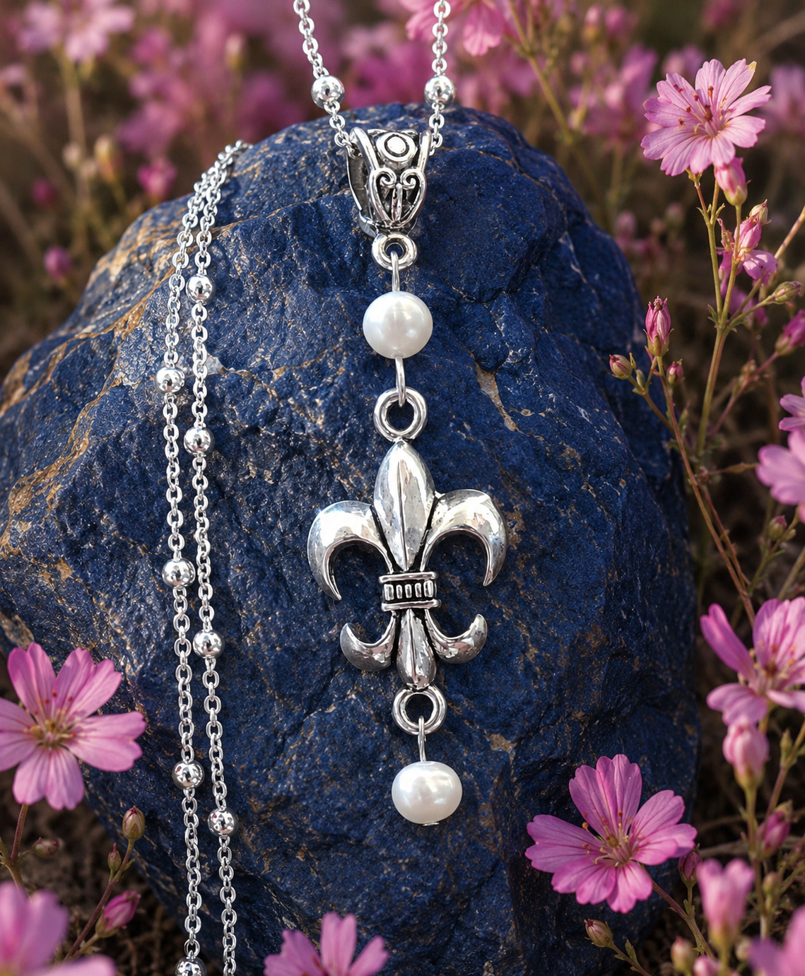 Fleur De Lis Handmade Pearl Necklace on a Sterling Silver Chain