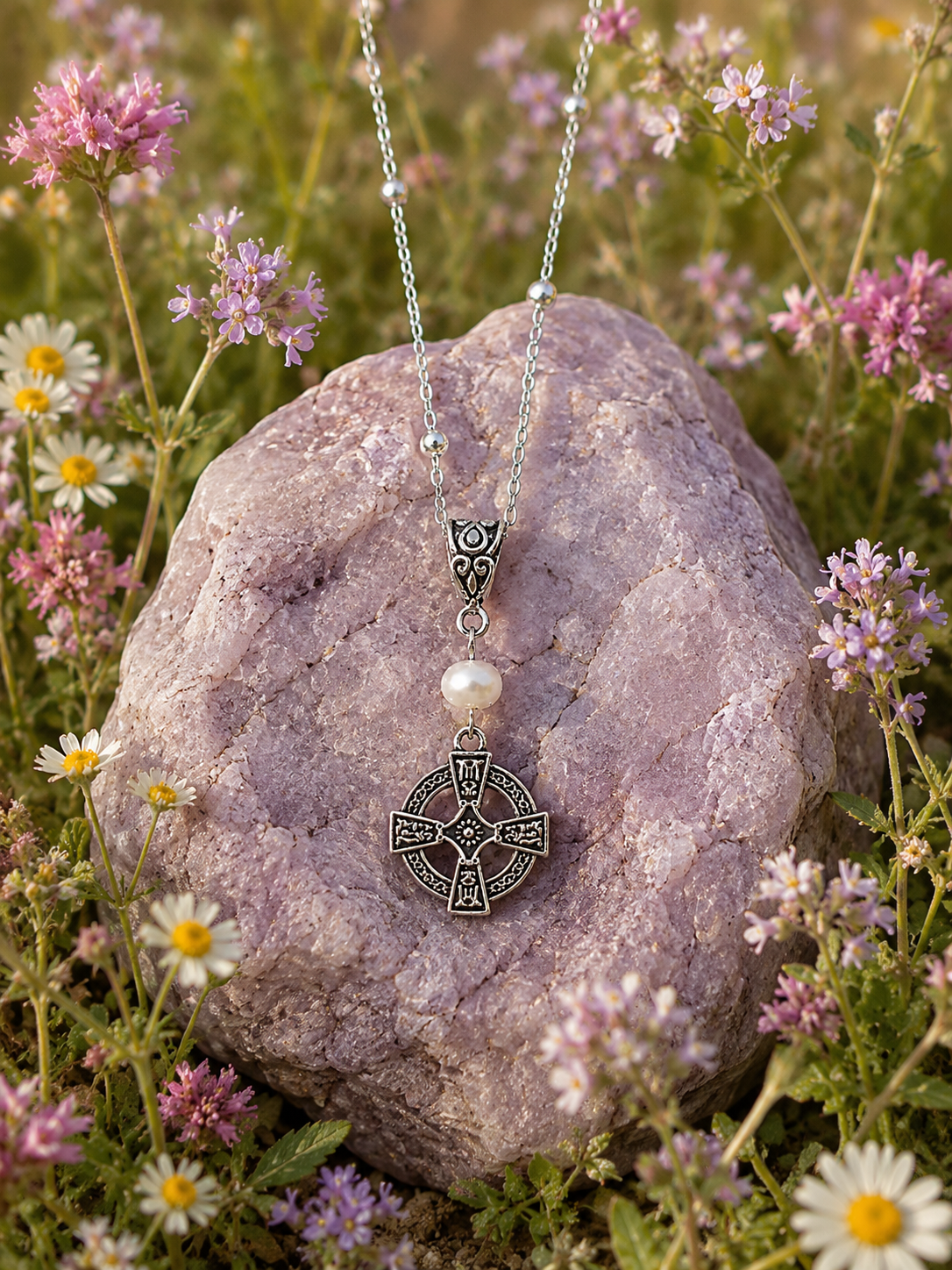 Celtic Cross Pearl Necklace Wild Flowers ChatGPT.png