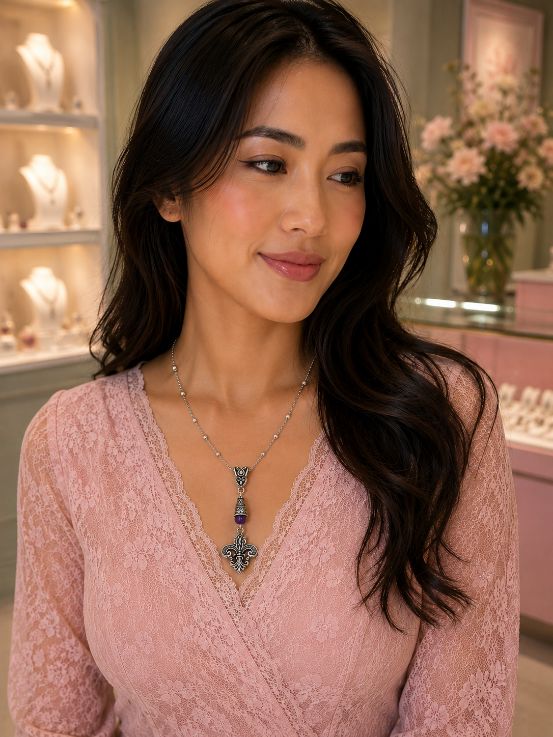 Fleur De Lis Necklace Purple Asian Woman ChatGPT.png