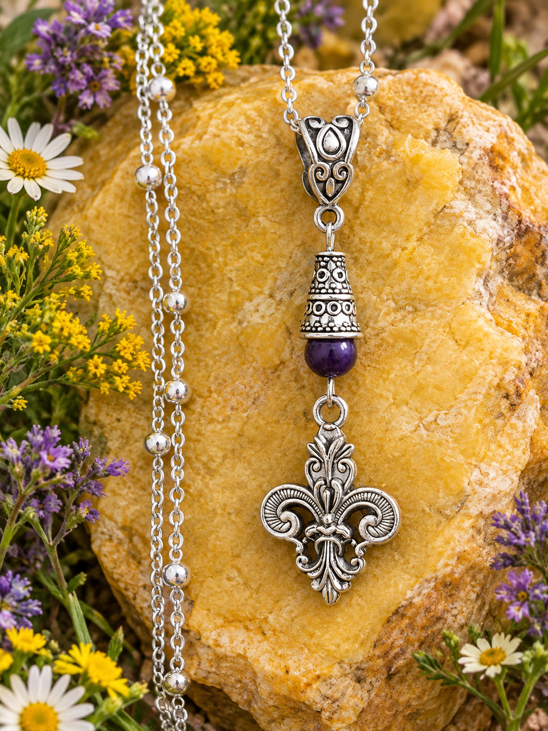 Fleur De Lis Handmade Necklace on a Sterling Silver Chain with a Purple Accent