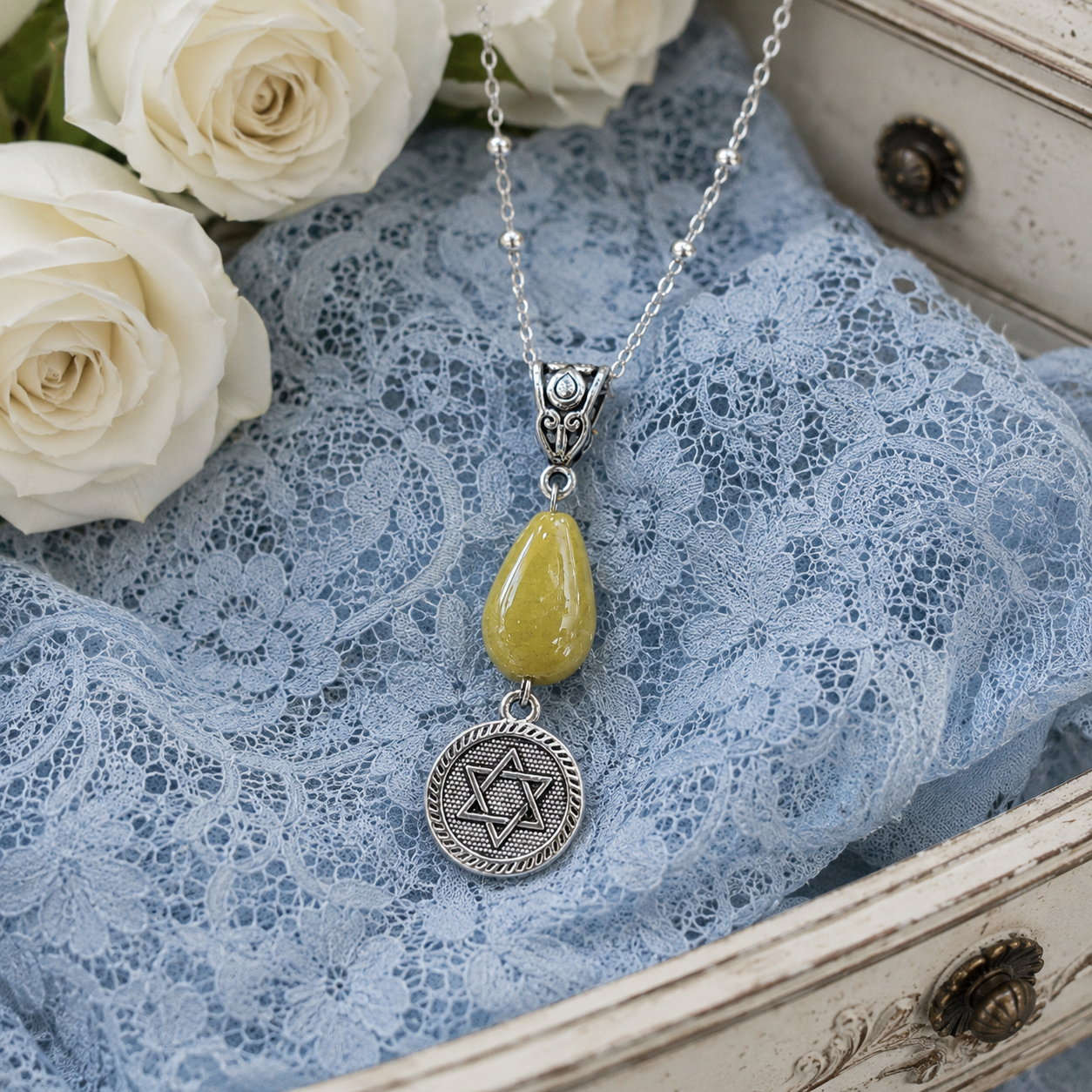 Star Of David Green Drop Necklace Blue Lace ChatGPT.png