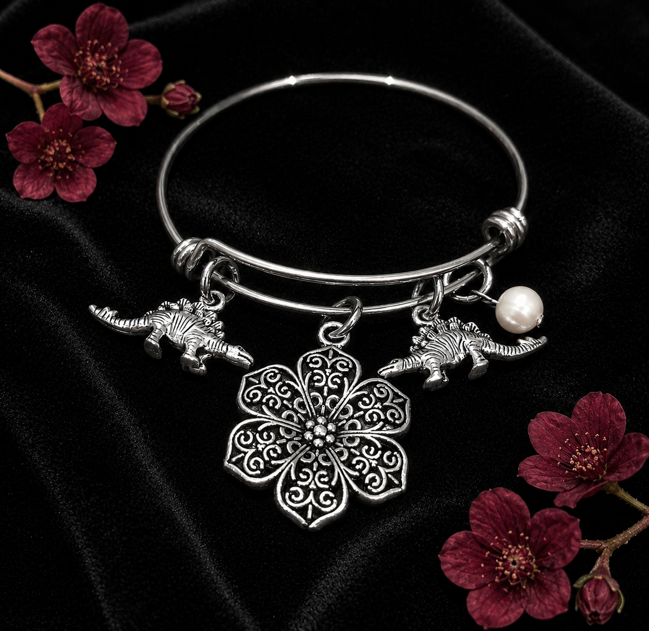 Dinosaur Flower Pearl Bracelet Velvet ChatGPT.png