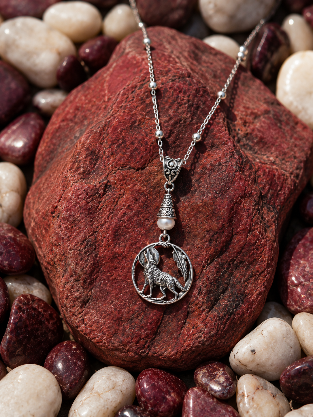 Wolf Handmade Necklace on a Sterling Silver Chain with a White Accent