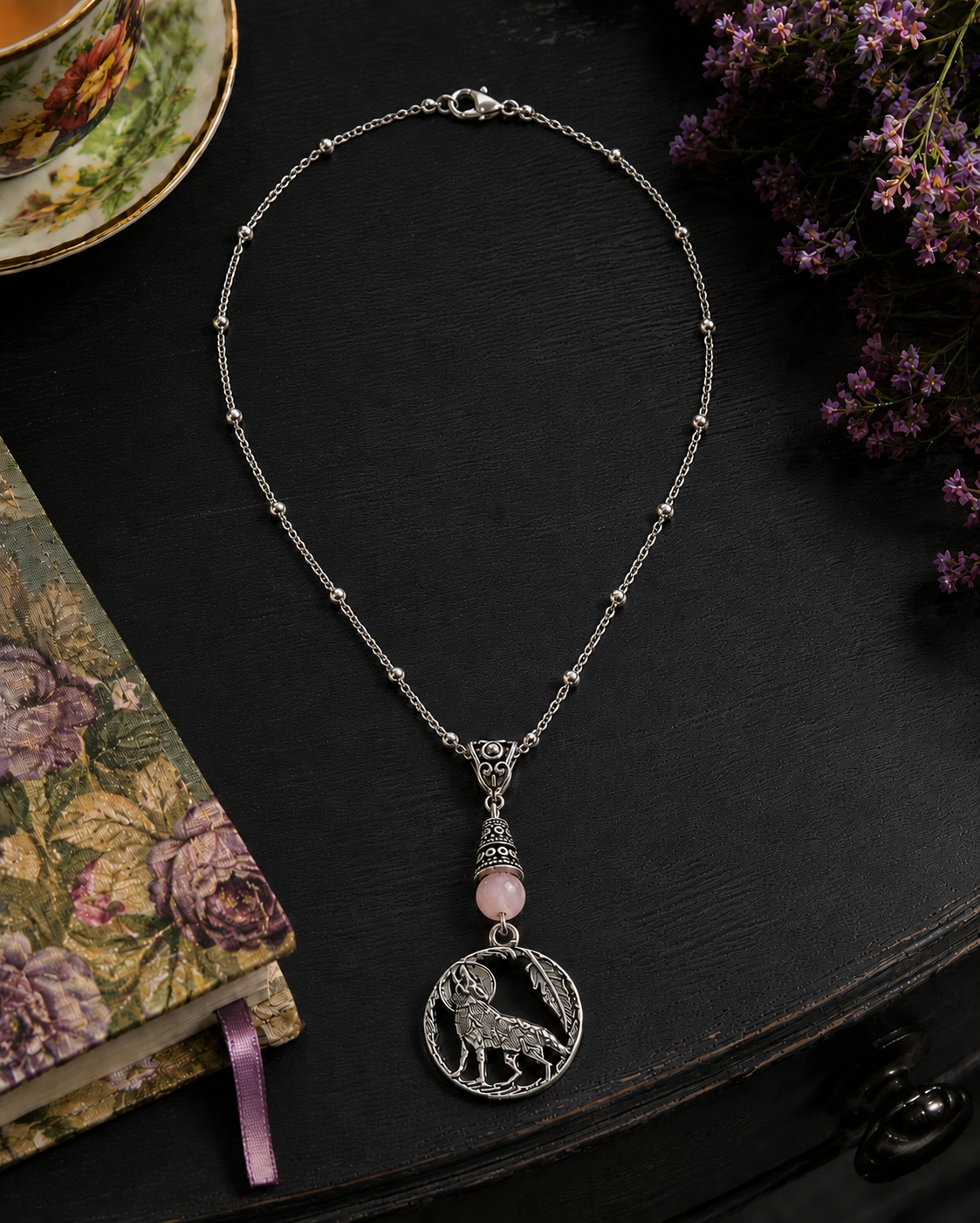 Wolf Rose Quartz Necklace Black Dresser ChatGPT.png
