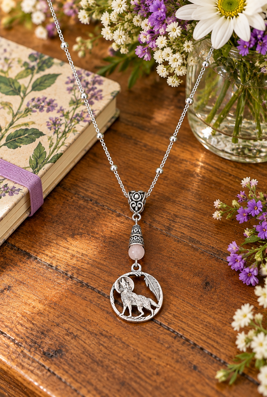 Wolf Rose Quartz Necklace Wooden Table ChatGPT.png