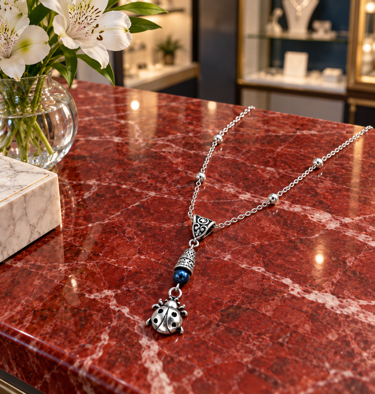 Ladybug Handmade Necklace on a Sterling Silver Chain with a Blue Accent