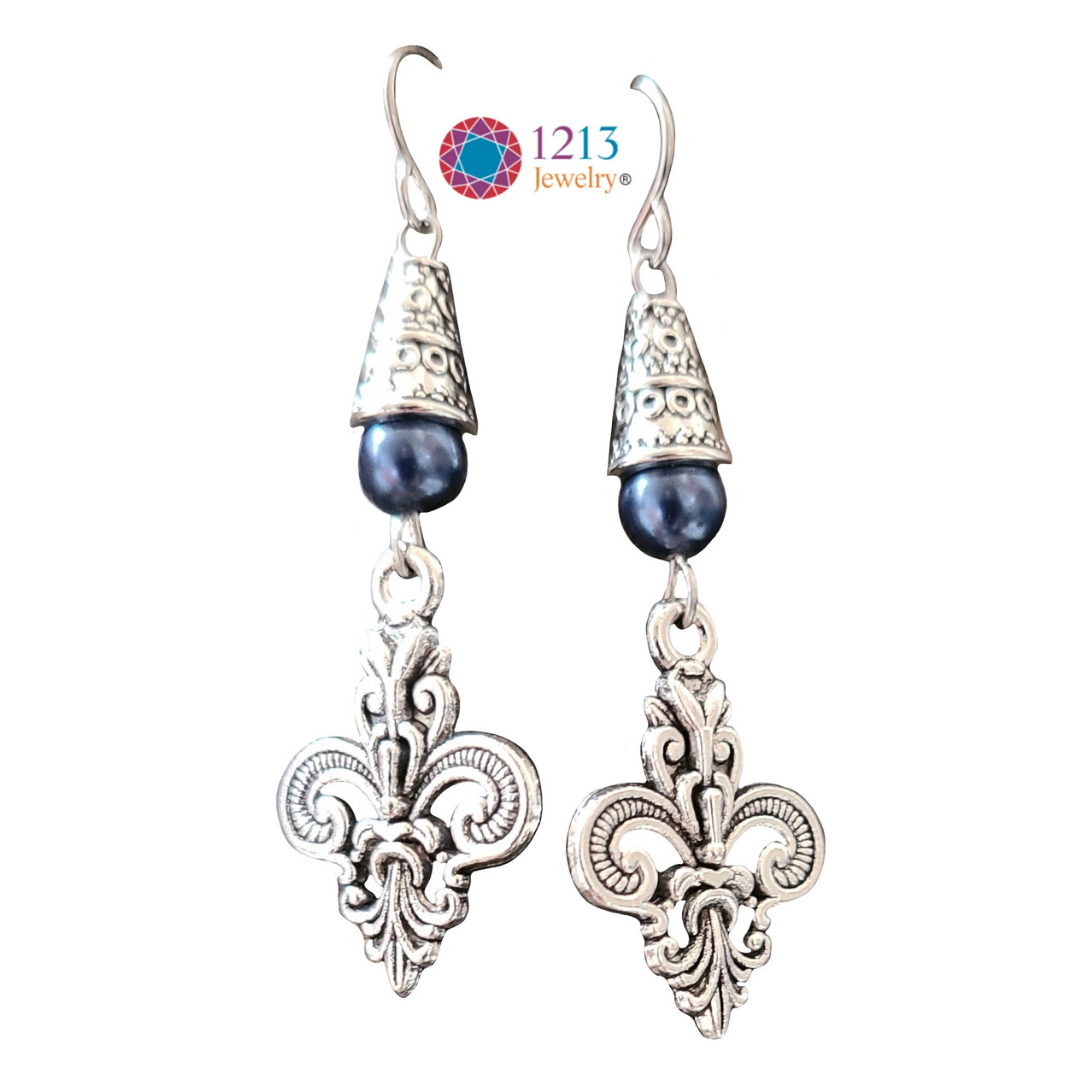 Fleur De Lis Blue Accent Logo Earrings White Background.png