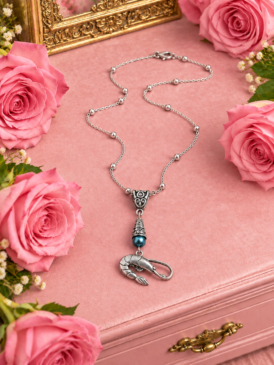 Shrimp Necklace Blue Accent Pink Dresser ChatGPT.png
