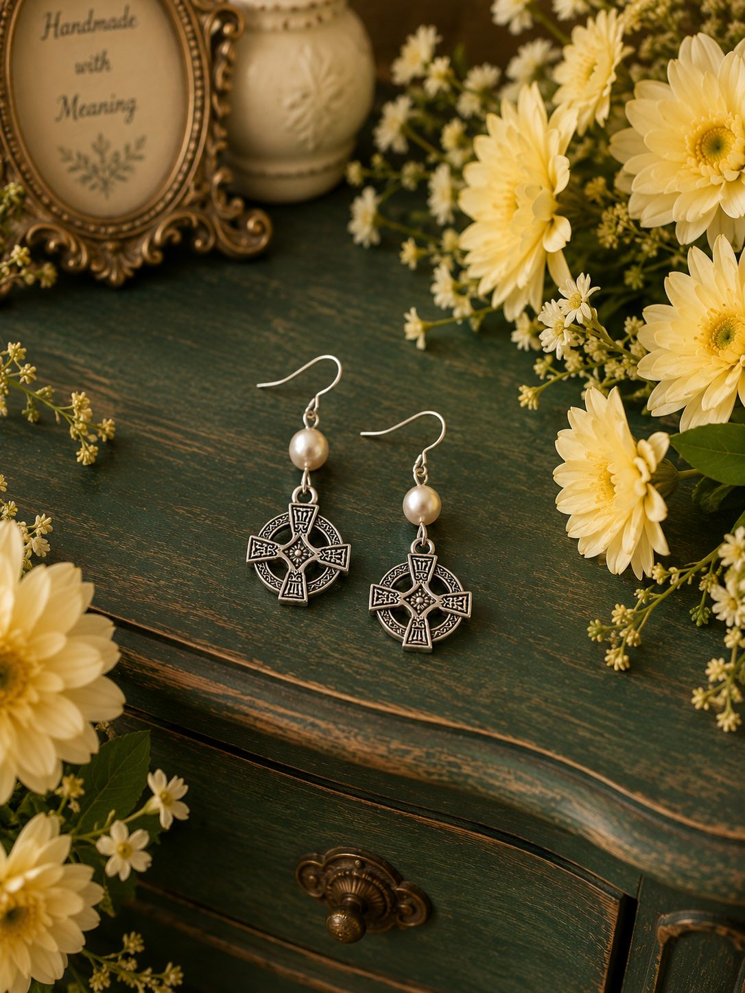 Celtic Cross Pearl Earrings Dresser Flowers ChatGPT.png