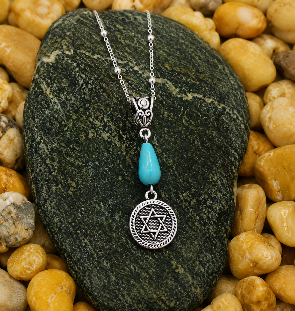 Jewish Star Of David Turquoise Handmade Necklace on a Sterling Silver Chain