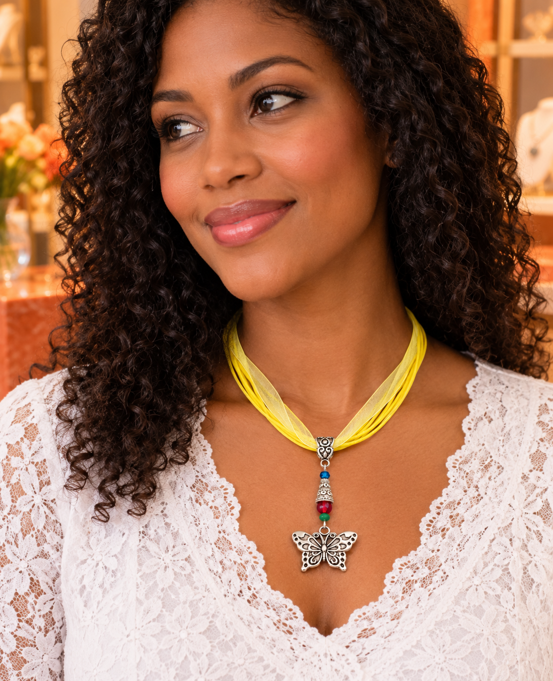 Butterfly Colorful Ribbon Cord Necklace Lace Top Woman ChatGPT.png