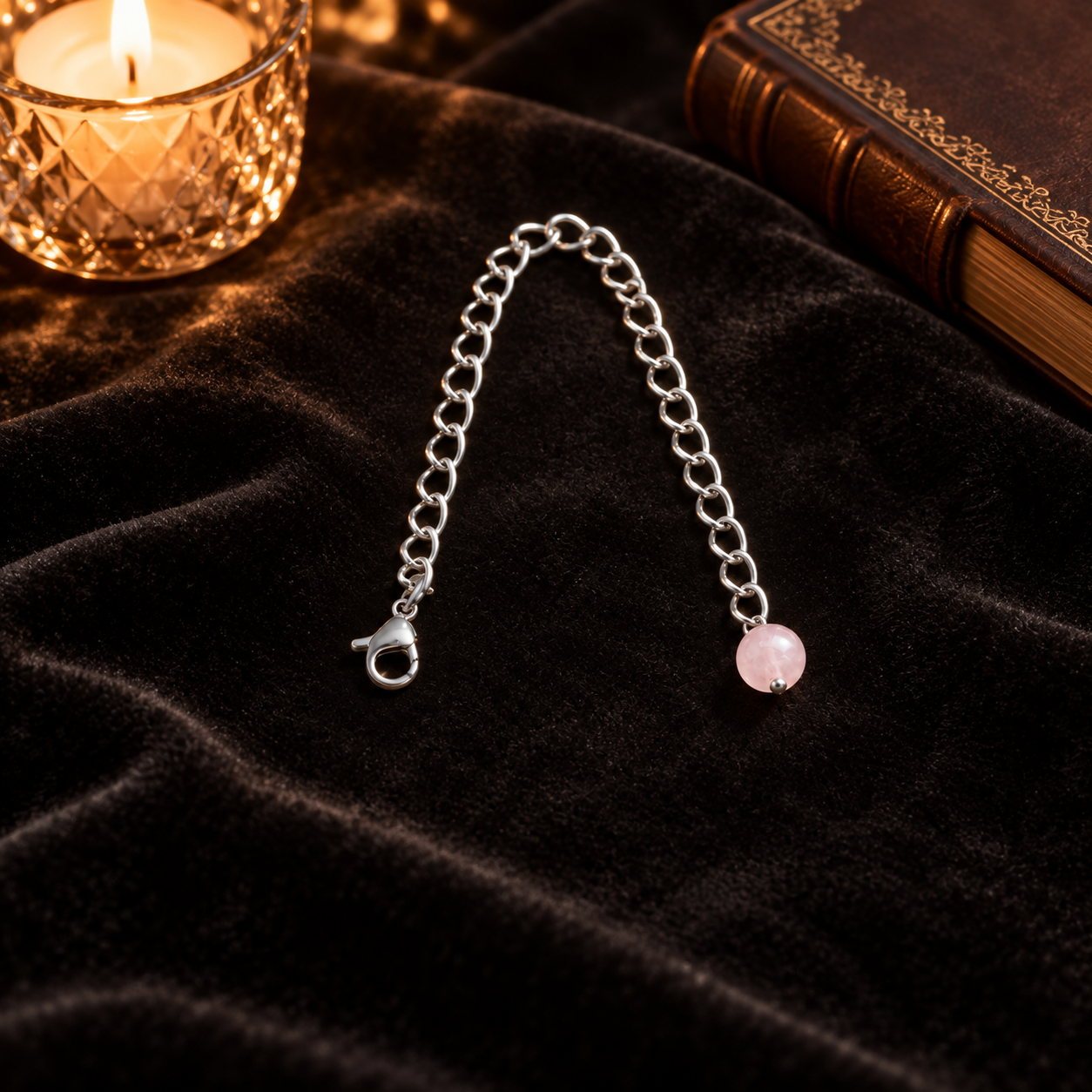 Rose Quartz Necklace Extender Chain Velvet Candle ChatGPT.png