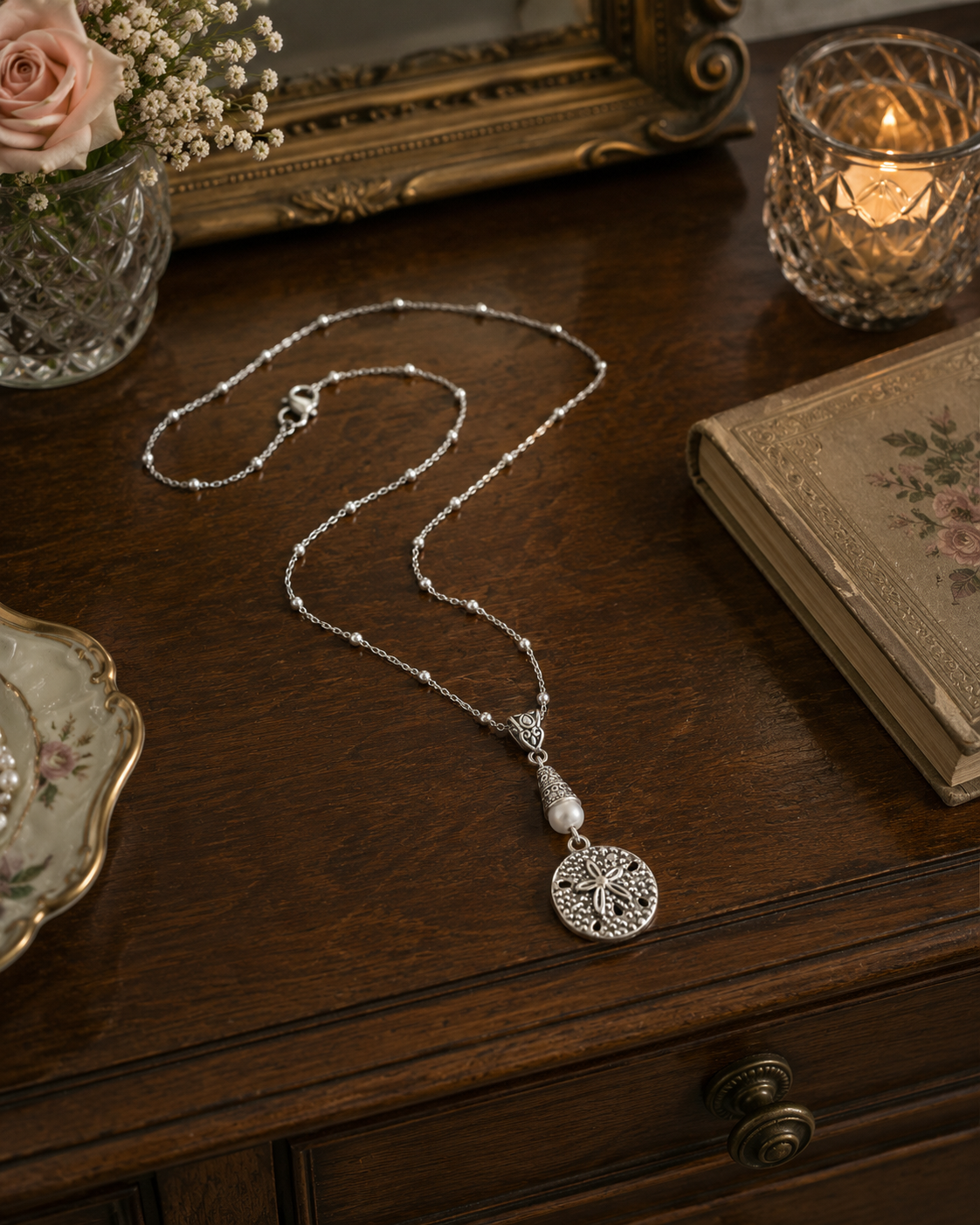 Sand Dollar Necklace White Dresser ChatGPT.png