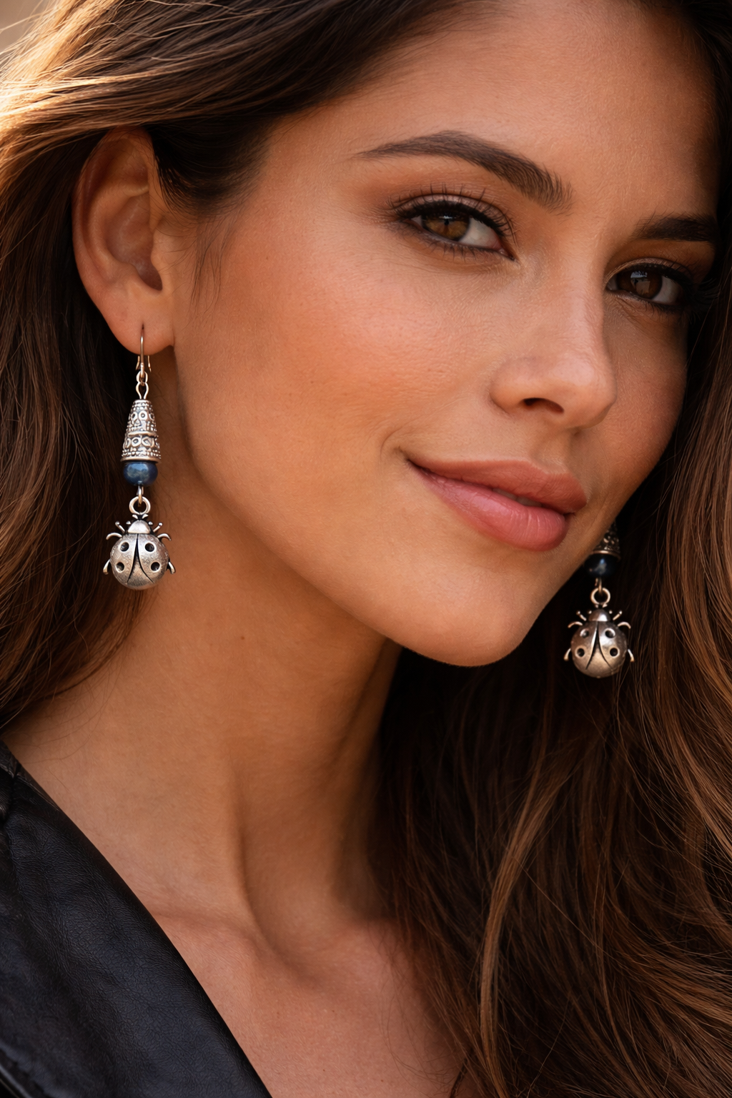 Ladybug Handmade Earrings with a Blue Accent