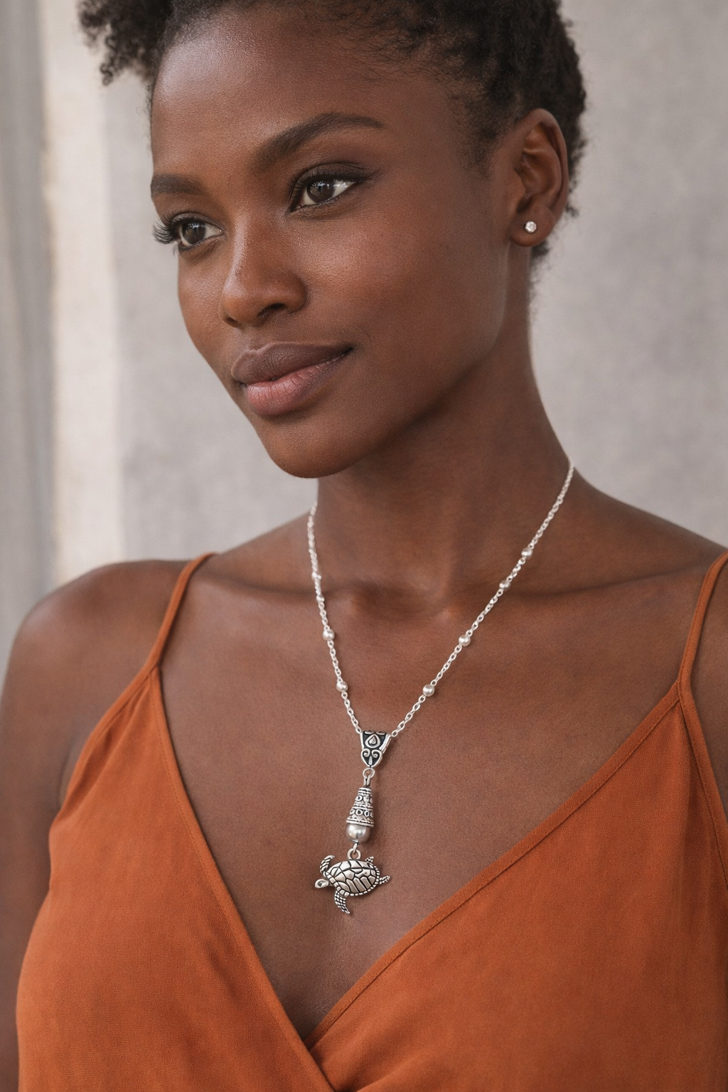 Turtle Handmade Necklace on a Sterling Silver Chain with a Gray Accent