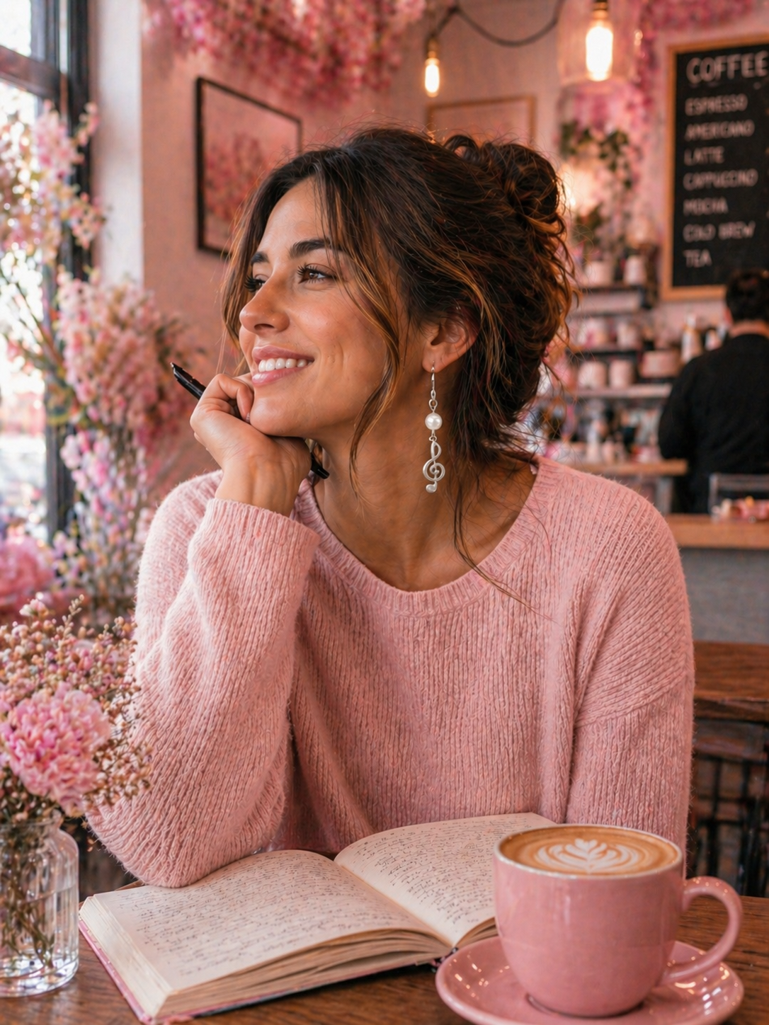 G Clef Pearl Earrings Pink Coffee Model ChatGPT.png