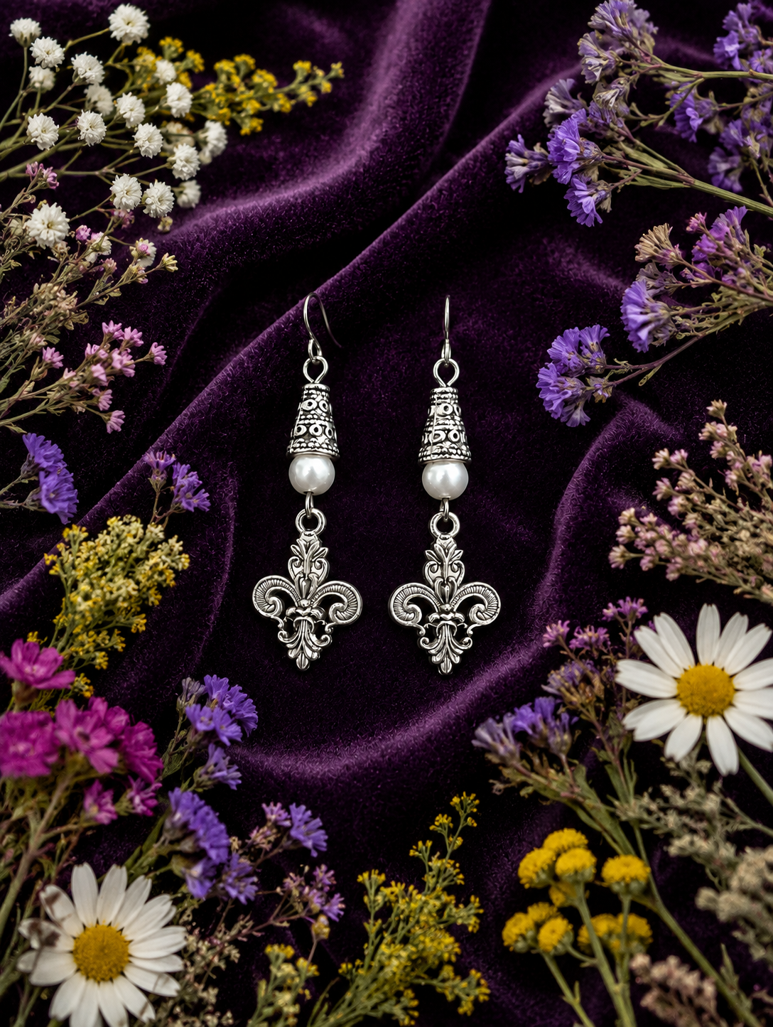 Fleur De Lis Earrings White Accent Velvet ChatGPT.png