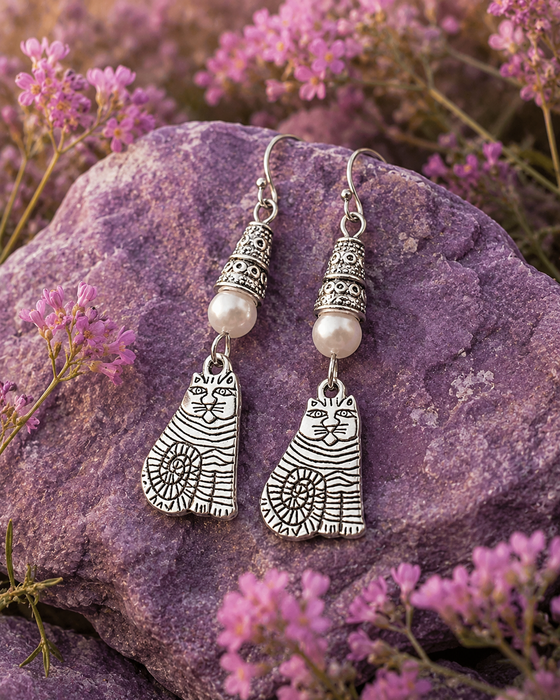 Cat Earrings White Rock Flowers ChatGPT.png