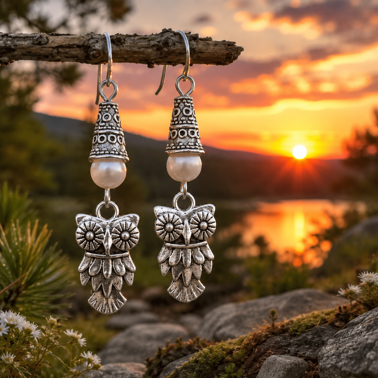 Owl Handmade Earrings with a White Accent