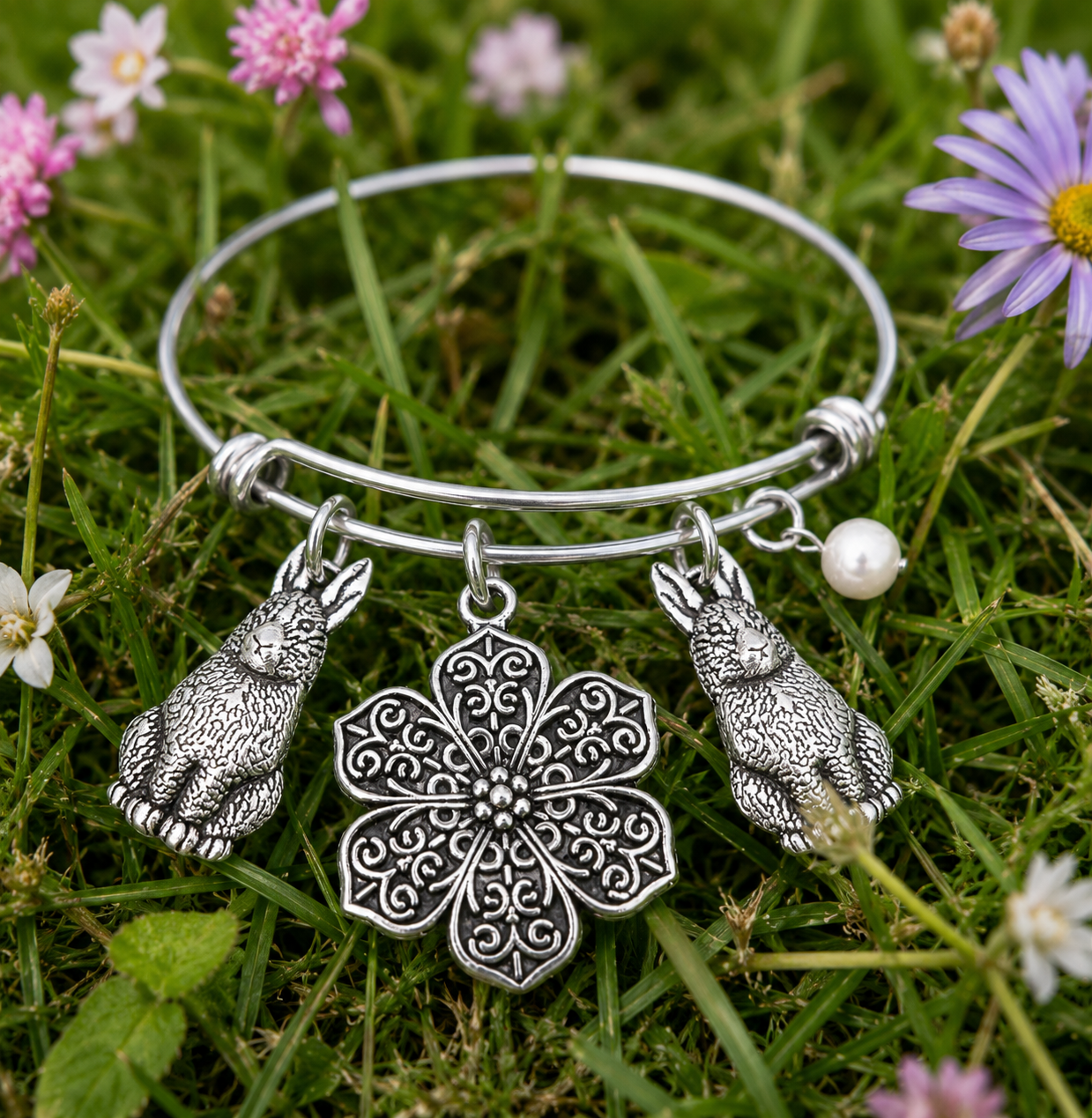 Rabbit & Flower Semiprecious Bracelet