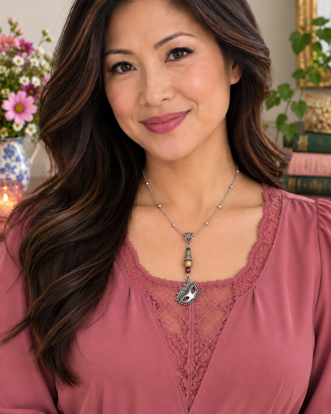 Mardi Gras Mask Necklace Asian Model ChatGPT.png